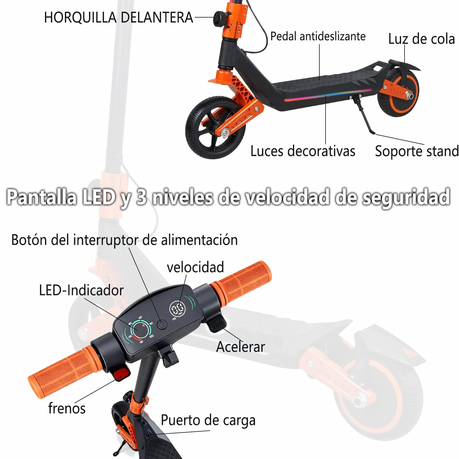 Patinete eléctrico para niños Doble suspensión Luces Arco Iris LED Alcance 12 km
