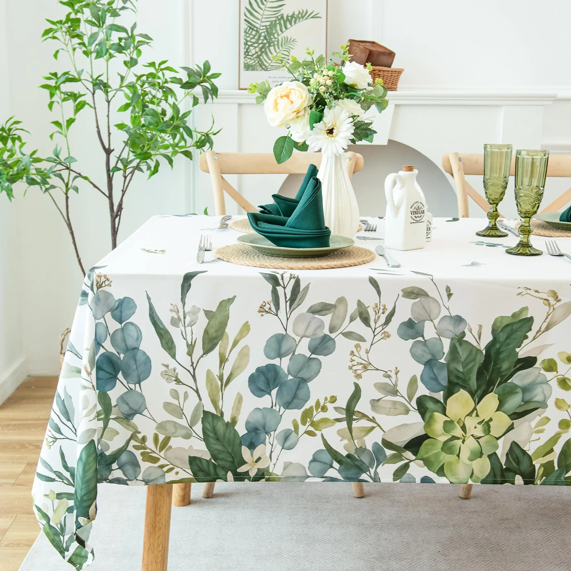 Mantel de verano y primavera, impermeable, resistente a las manchas, diseño floral de eucalipto para comedor, cocina, exteriores, picnic, fácil de limpiar, vibrante y duradero, decoración
