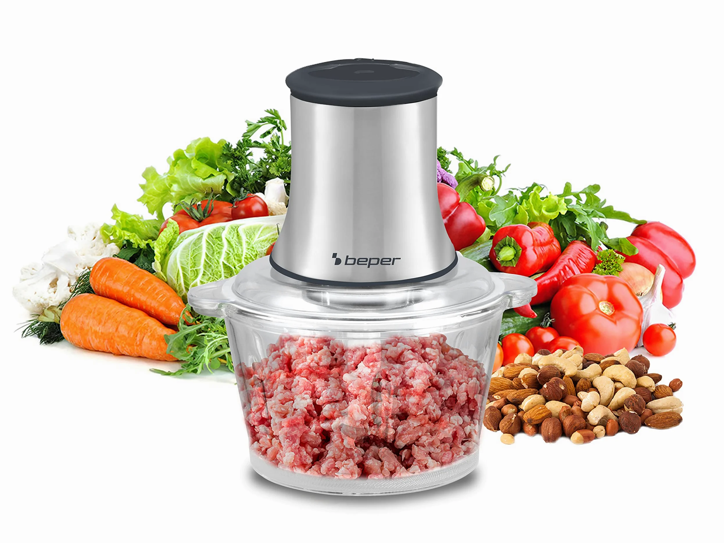 BEPER P102ROB001 Picador de vidrio, Recipiente de vidrio, Cuerpo Abs, Doble par de cuchillas de acero, 2 velocidades, Base antideslizante, Capacidad 1.5L, Gris/Negro