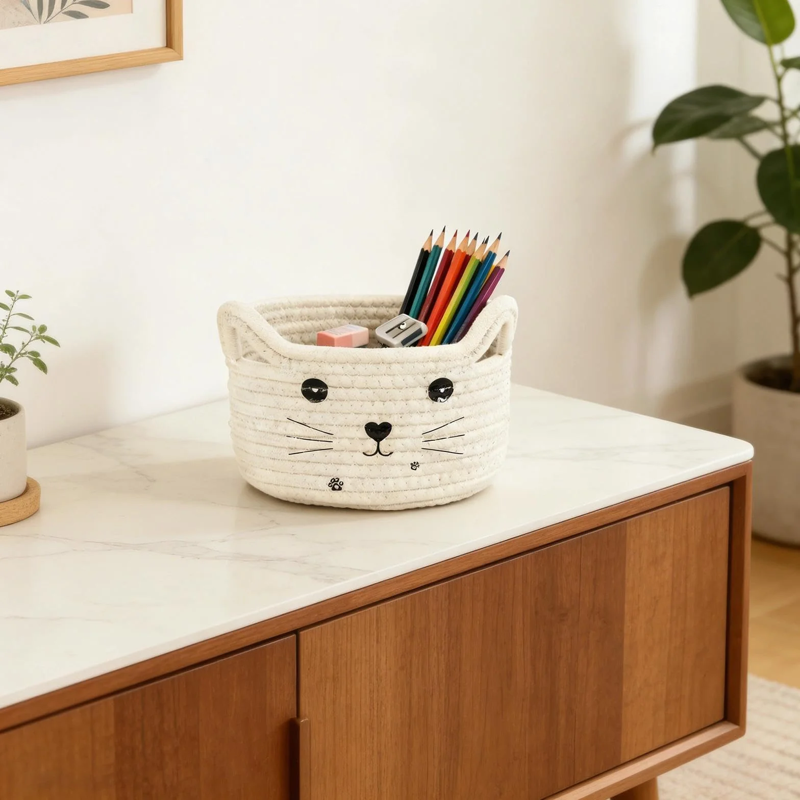 Cestas Almacenaje Pequeña Forma de Gato Cajas Organizadoras Baño 21cm Blanca Storage Basket