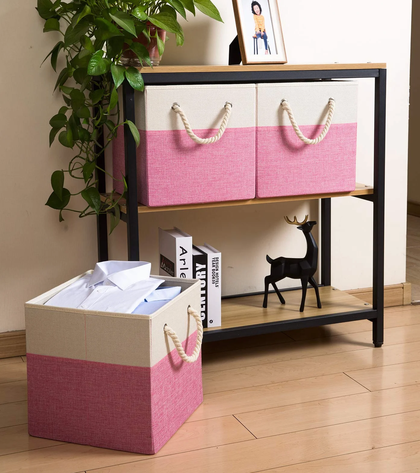 Prandom Cubos de almacenamiento plegables grandes de 33x33x33 cm [paquete de 4] Cajas de almacenaje de lino de tela Cubos Cajón con asas de algodón Organizador para estantes Rosa