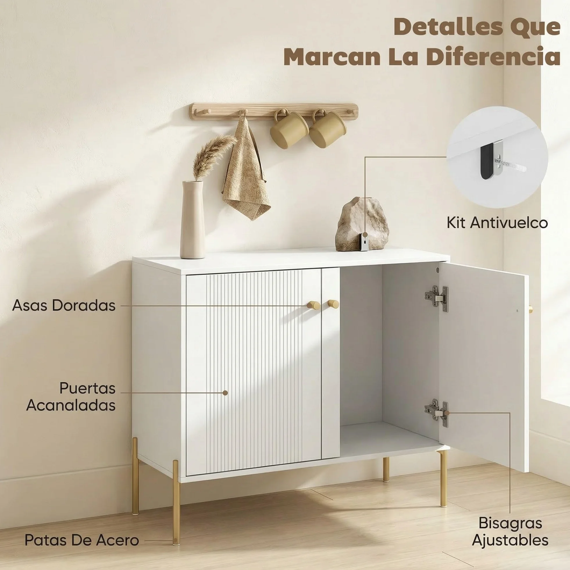 HOMCOM Aparador Moderno de 2 Puertas, Aparador de Salón con Estantes Ajustables, Encimera con Efecto Mármol, Patas de Acero, para Cocina, Entrada, Dormitorio, Blanco, 80x39,1x76 cm