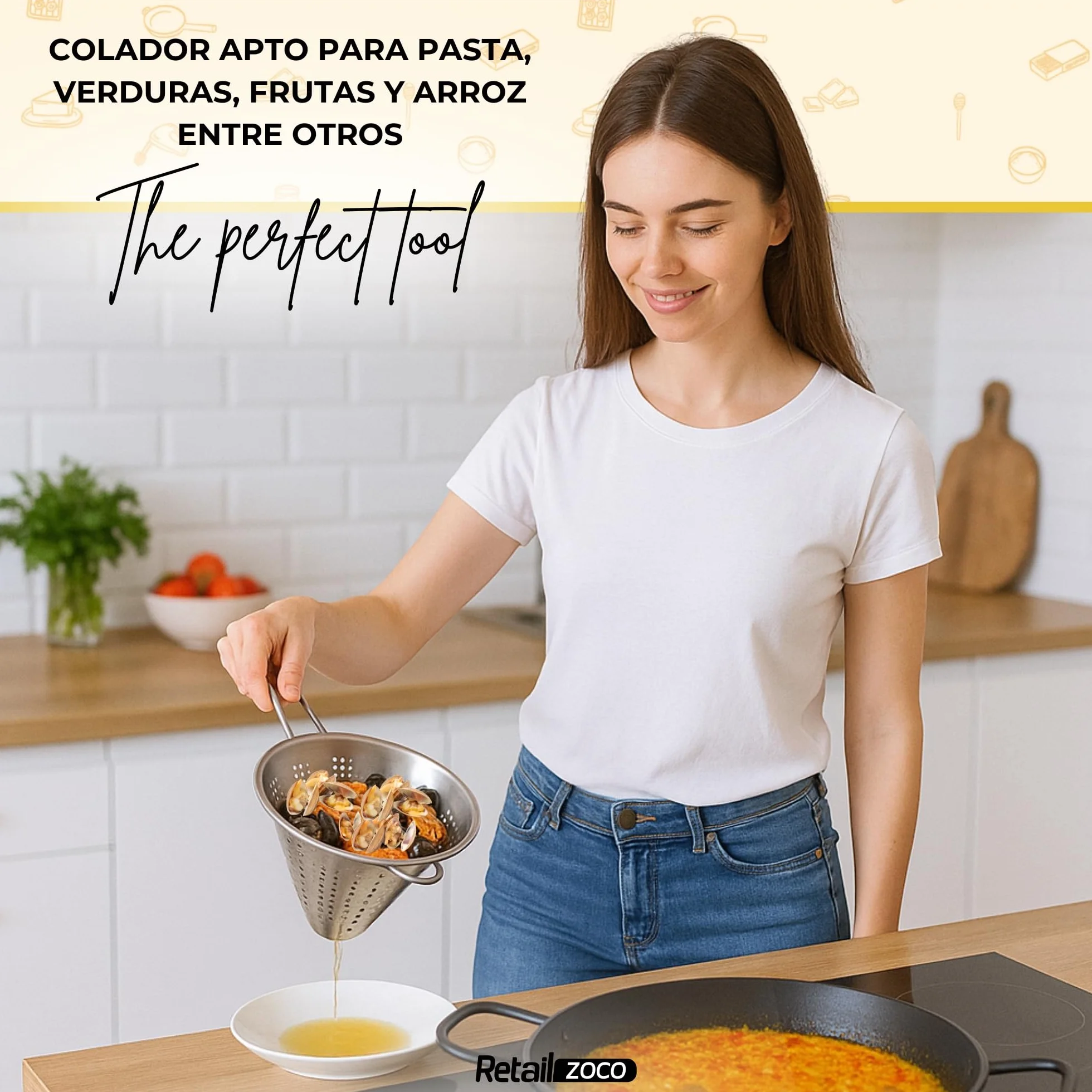 Colador Chino de Cocina, Colador forma cónica, colador Chino, Escurridor de Acero, Apto para para Pasta, Verduras, Frutas y Arroz, Acero inoxidable, Incluye 1 gancho de sujección, Diámetro 20 cm