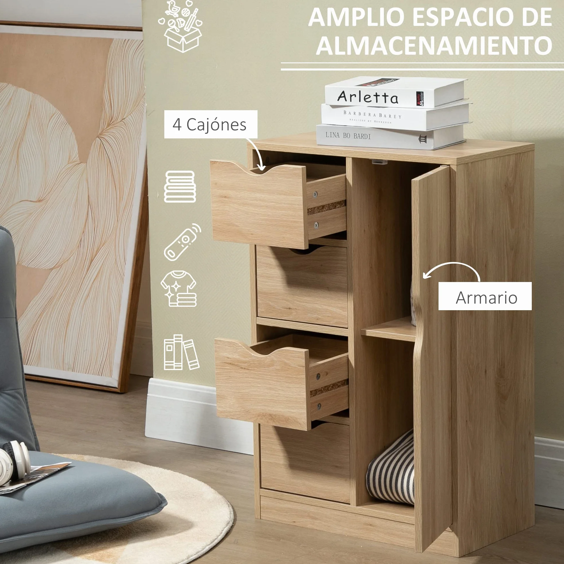 HOMCOM Armario de Salón Aparador Auxiliar con 4 Cajones 1 Puerta y Estante Interior Mueble de Almacenaje Multiusos para Baño Dormitorio Comedor 54x29x83 cm Roble