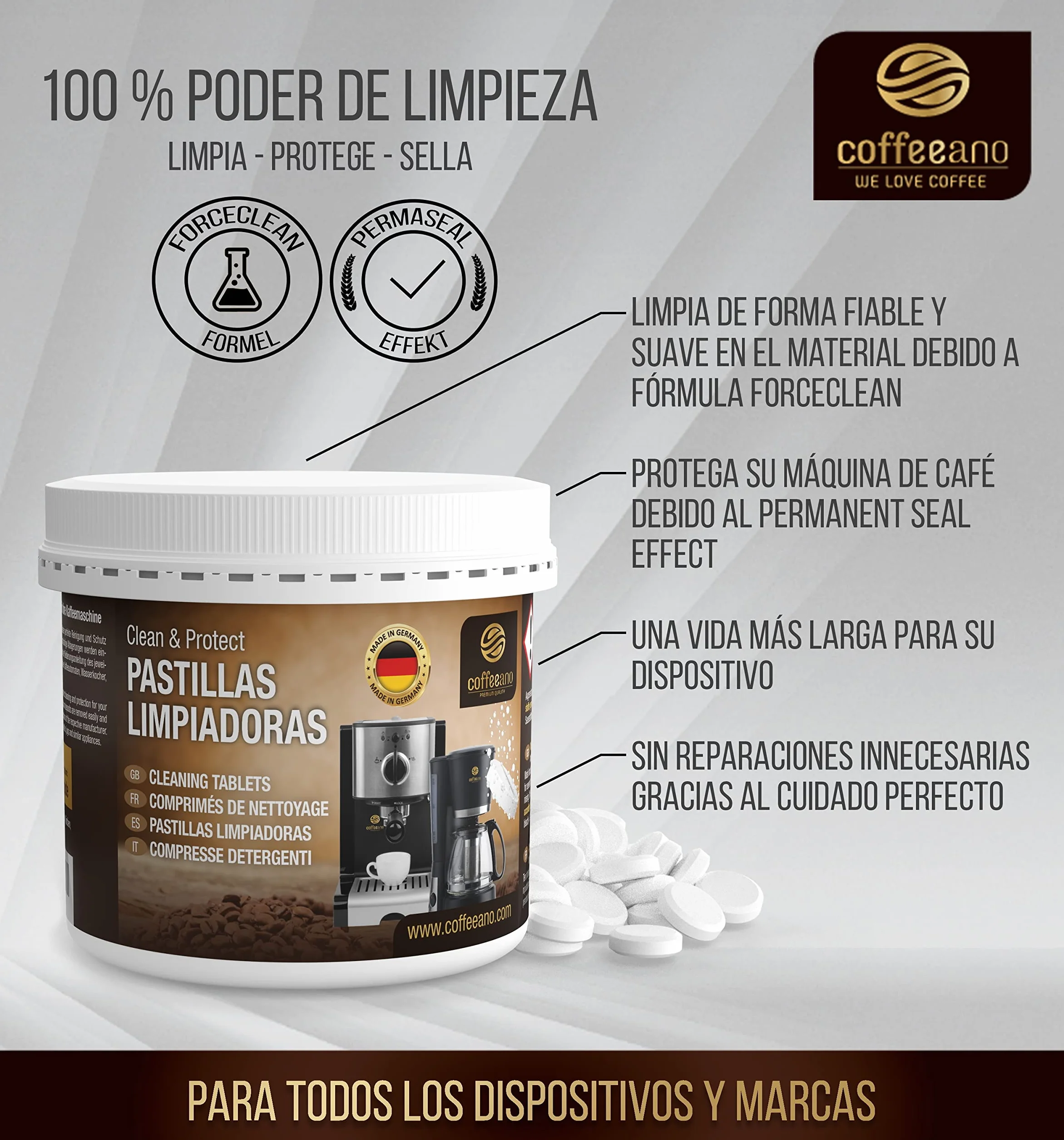 250 pastillas limpiadoras Coffeeano Clean&Protect para cafeteras automáticas y cafeteras. Pastillas limpiadoras aptas para todas las marcas y electrodomésticos. Incluye un libro electrónico
