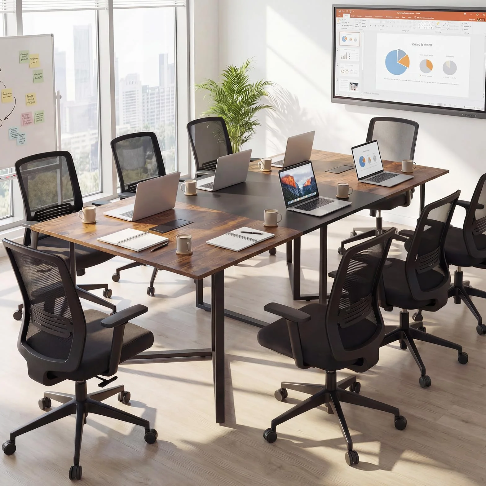 GYMAX Escritorio para Ordenador de 180 cm, Mesa de Conferencias para 6-8 Personas, Gran Mesa Rectangular con 2 Pasacables, Estilo Industrial, para Sala de Reuniones, Sala de Juntas, Oficina