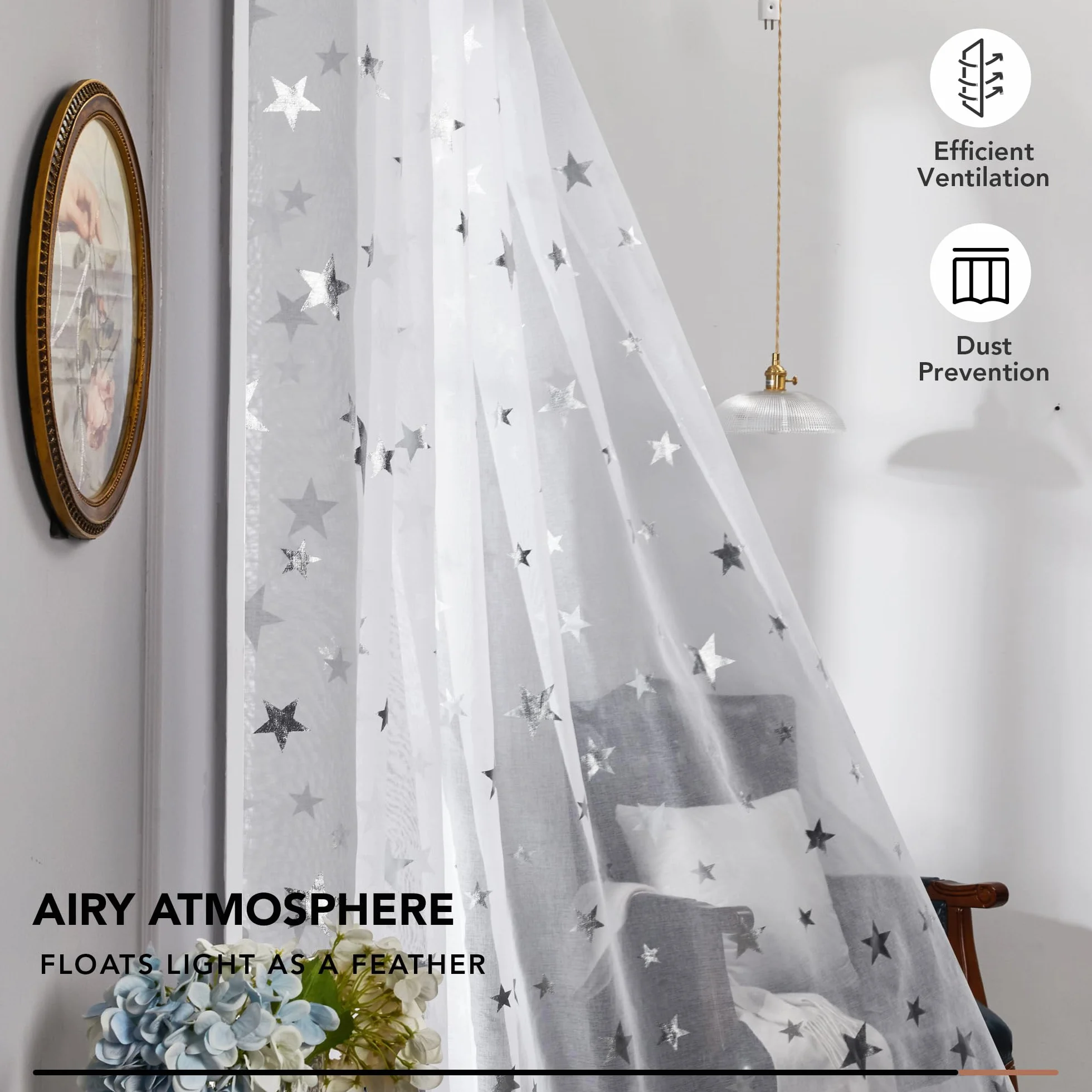 Deconovo Cortinas Dormitorio Blancas con Motivos Plateados Translucidas 2 Piezas 140x145cm Blanco-Estrella