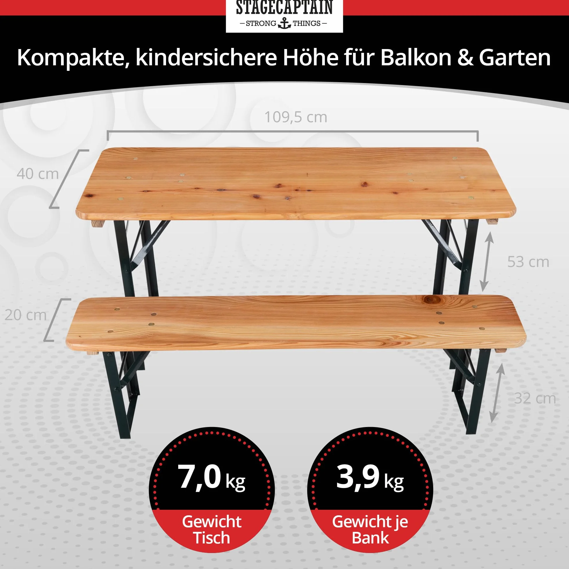 Stagecaptain BBK-110 Hirschgarten - Conjunto Infantil Plegable 110 cm: 1 Mesa + 2 Bancos de Madera, Festivo, Interior/Exterior, Acabado Natural