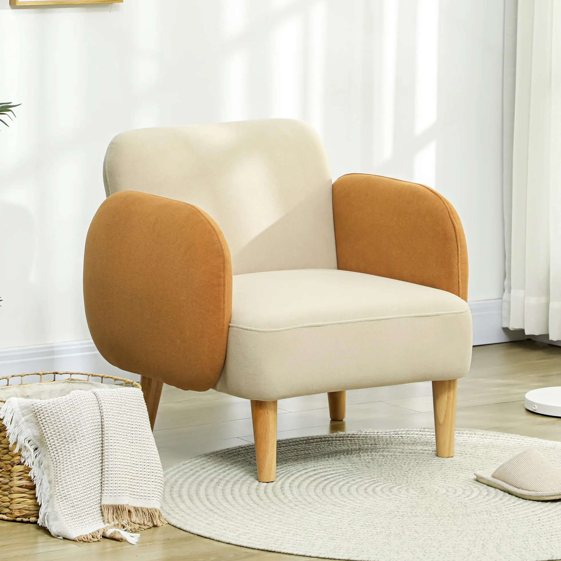 HOMCOM Sillón de Salón Nórdico Butaca para Dormitorio con Reposabrazos y Patas de Madera Sofá Individual Carga 120 kg para Oficina Sala de Estar Beige y Ocre