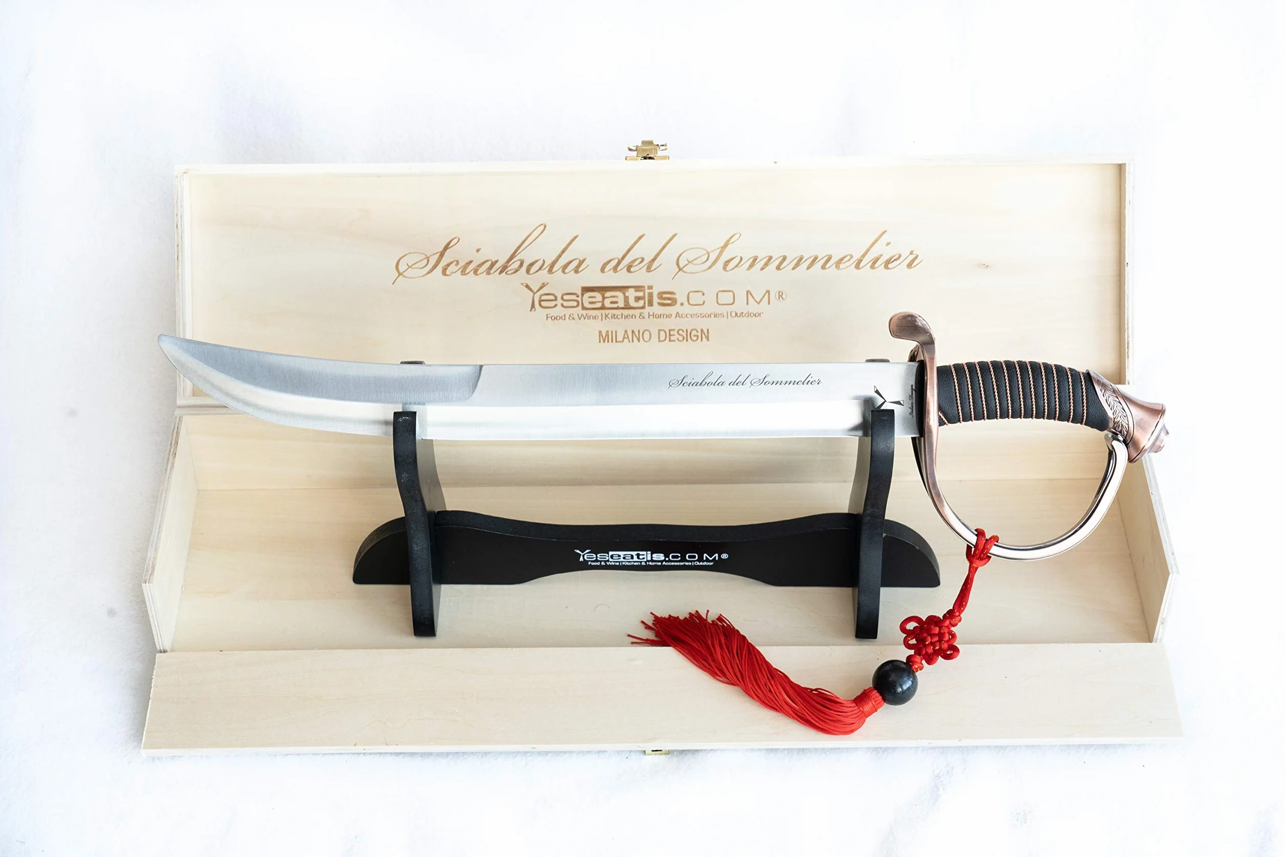 YesEatIs - Sable de Champán para Sommelier con Caja de Madera de Exposición - Mango de Color Bronce - 2 Cordones Incluidos