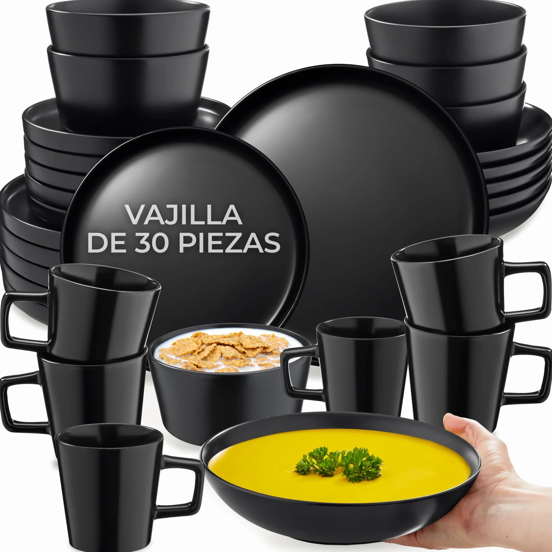 tectake® Servicio Combinado para 6 Personas, Juego Vajilla Estilo Urbano, Gres Esmalte, Lavavajillas y Microondas, Vajillas Completas Modernas, Cuencos Ceramica y Tazas - 30 Piezas Negro