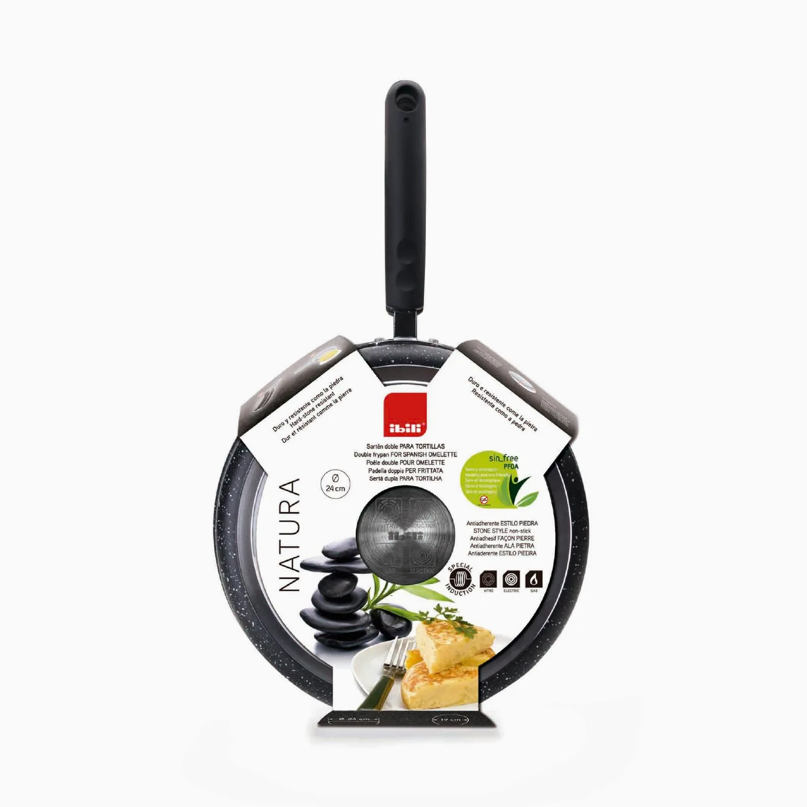 IBILI - Sarten doble para tortilla patatas natura, 24 cms, Aluminio, Antiadherente estilo piedra, Apto para induccion, voltea tortuilla.