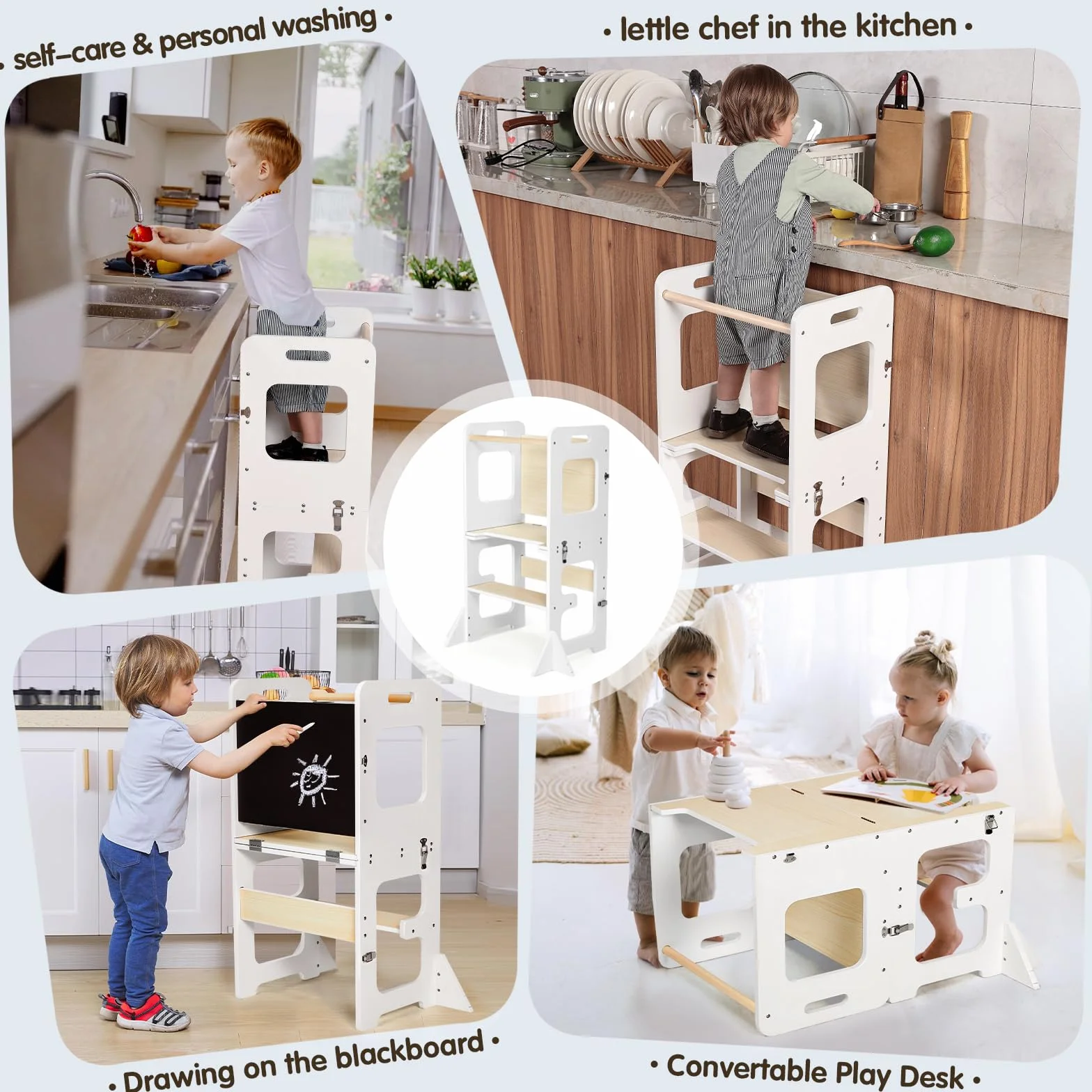 Labebe Torre de Aprendizaje Montessori Plegable 3 en 1 para Niño a Partir de 1 Año Blanco y Madera