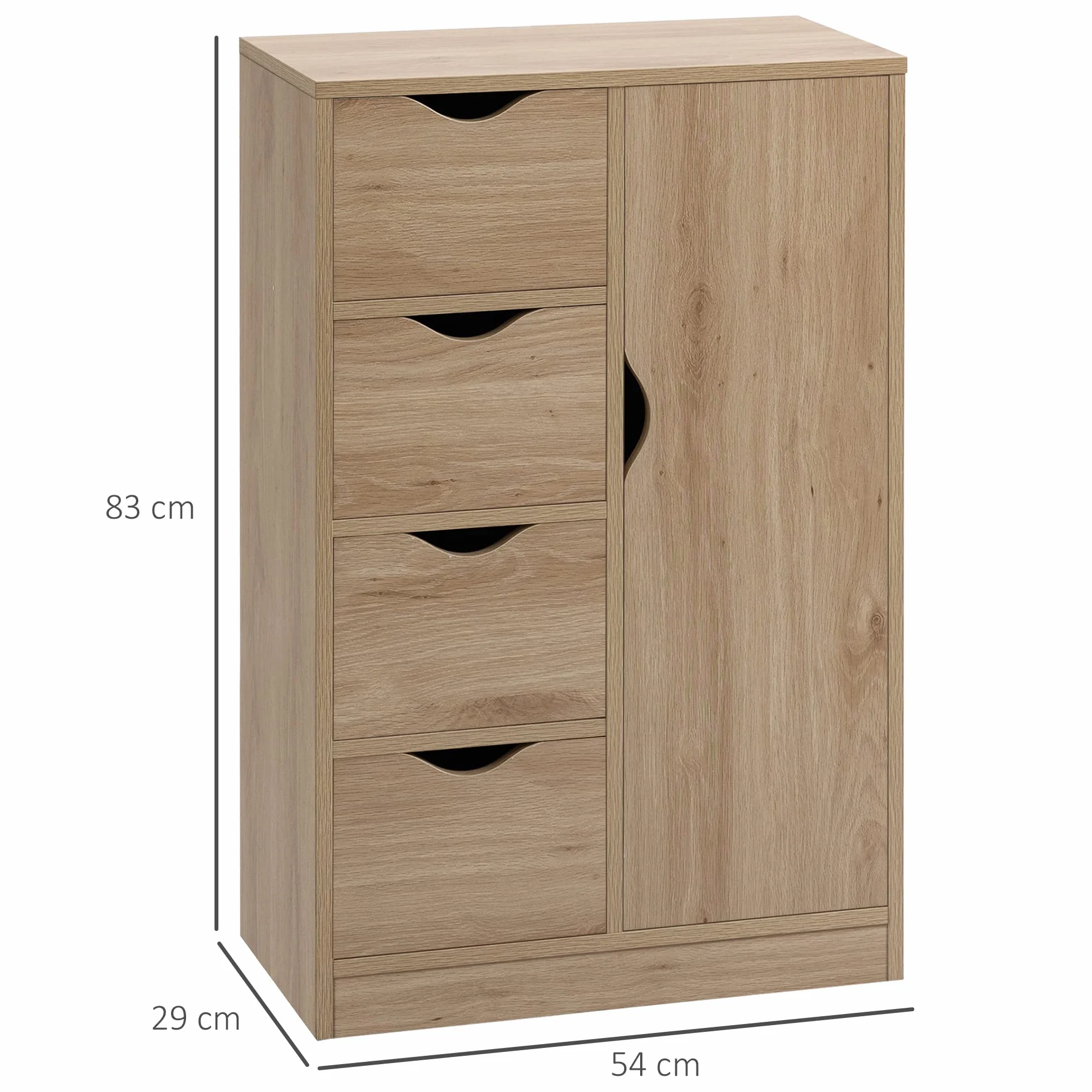 HOMCOM Armario de Salón Aparador Auxiliar con 4 Cajones 1 Puerta y Estante Interior Mueble de Almacenaje Multiusos para Baño Dormitorio Comedor 54x29x83 cm Roble