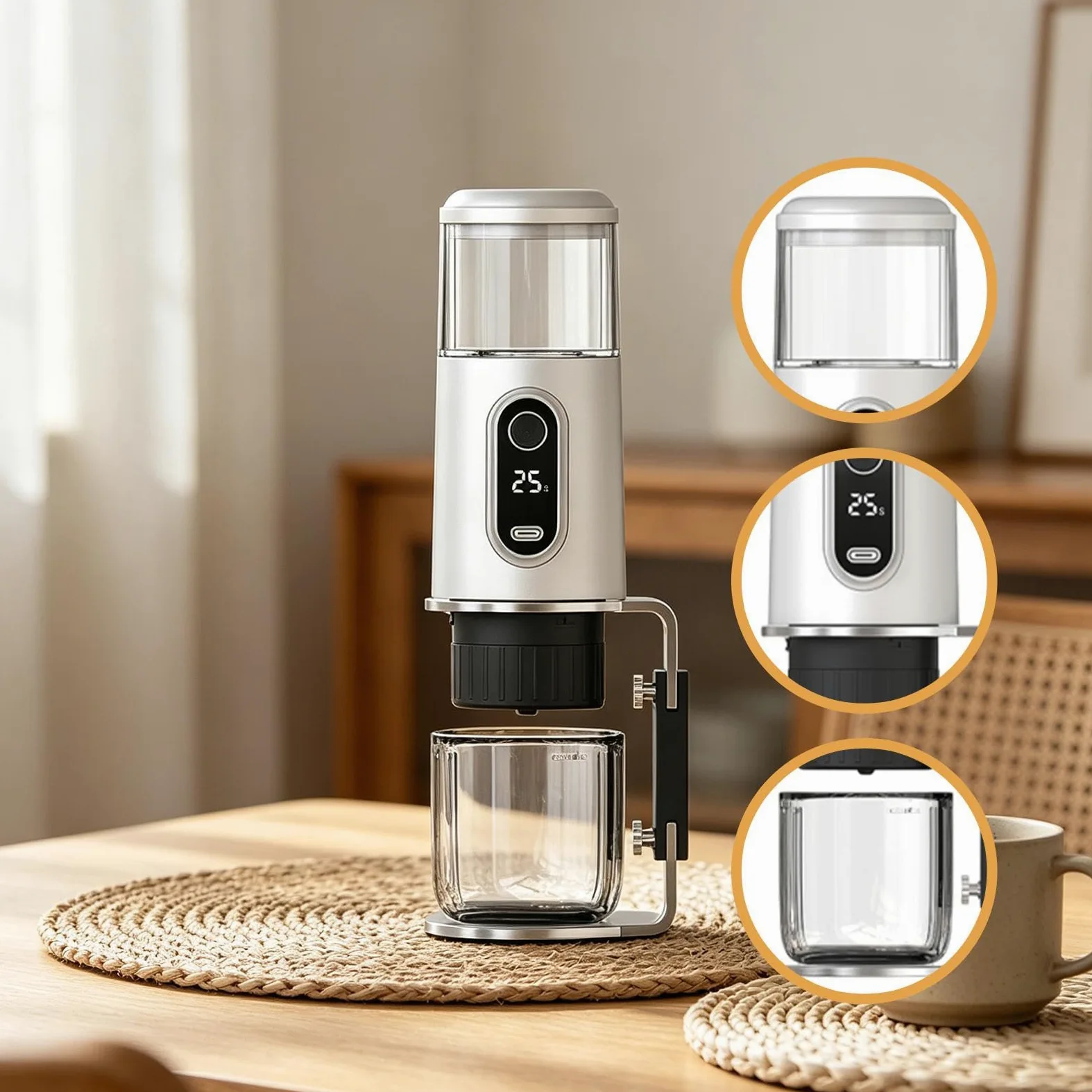 Cafetera Espresso Eléctrica Portátil, Mini Cafetera Compacta, Recargable E Inalámbrica, Ideal para Viajes, con Bomba de 19 Apta para Camping, O, Blanco, Individual