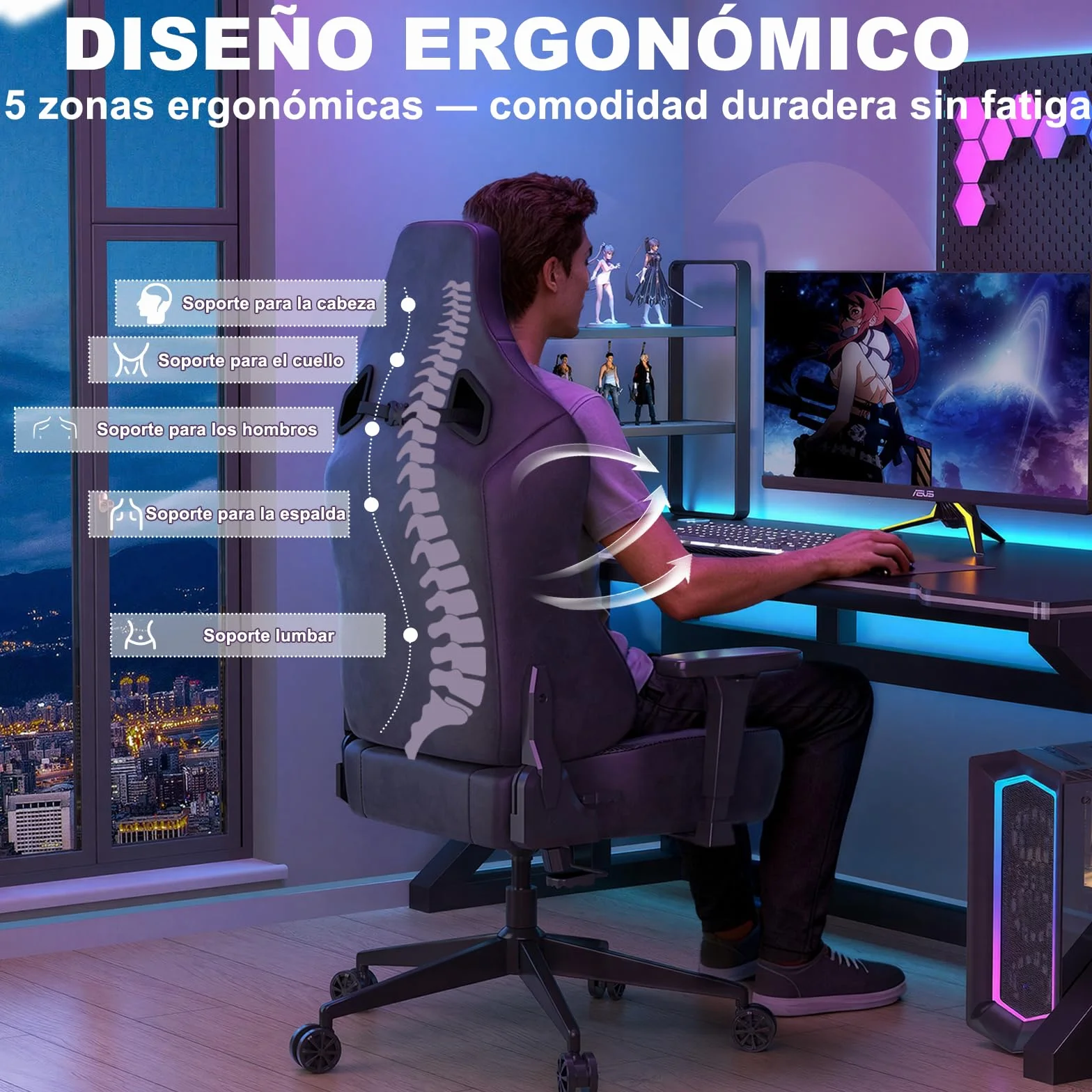 Devoko Silla Gaming Ergonómica para Adultos, con Reposabrazos 3D, Espuma de Alta Densidad, Soporte Lumbar Ajustable, Base Metálica Robusta, Ideal para Juego y Oficina, Negro