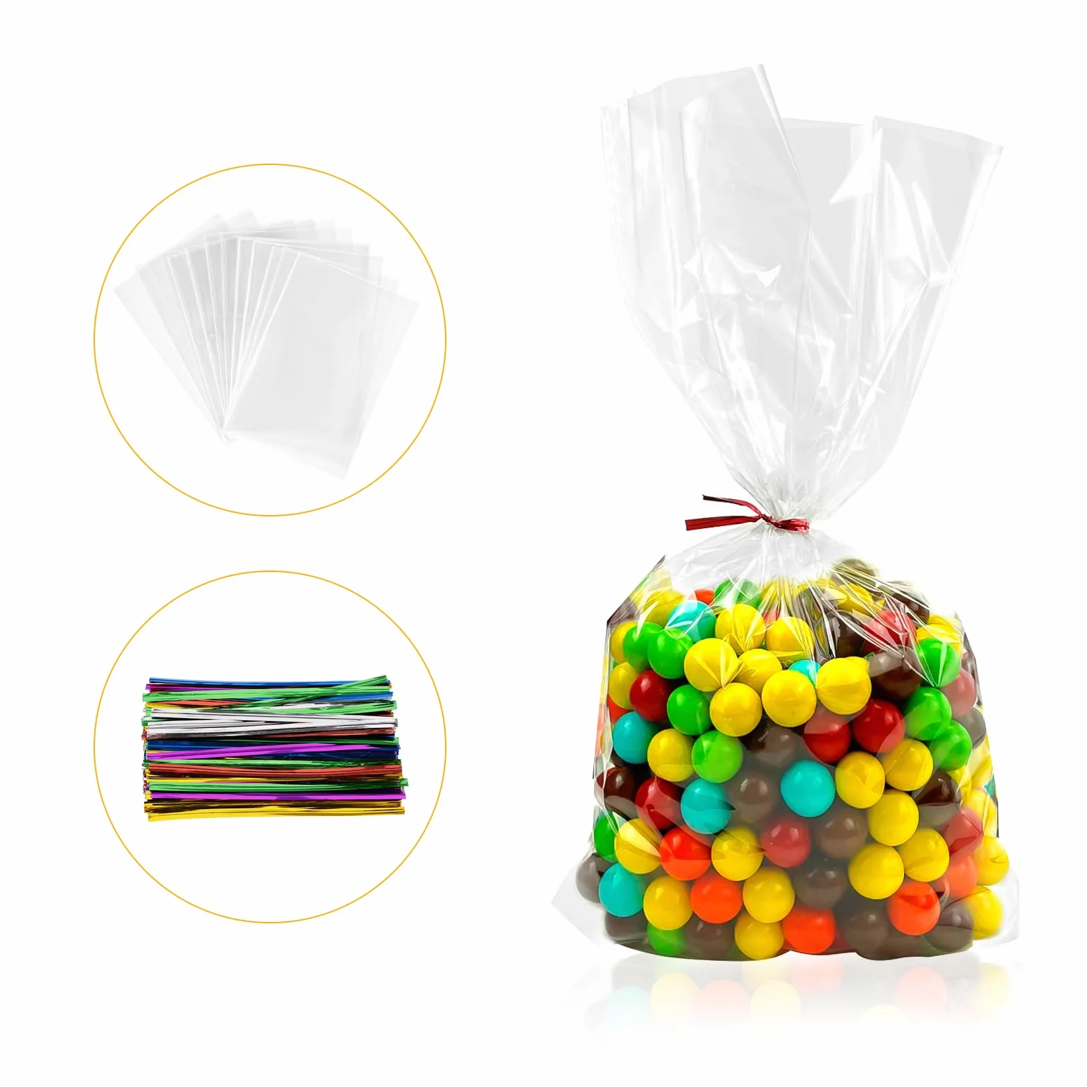 200 bolsas de celofán, 25 x 15 cm, bolsas transparentes para rellenar, bolsas transparentes con 200 cintas metálicas para caramelos, galletas, pan, frutas, etc. Perfecto para fiestas de regalo