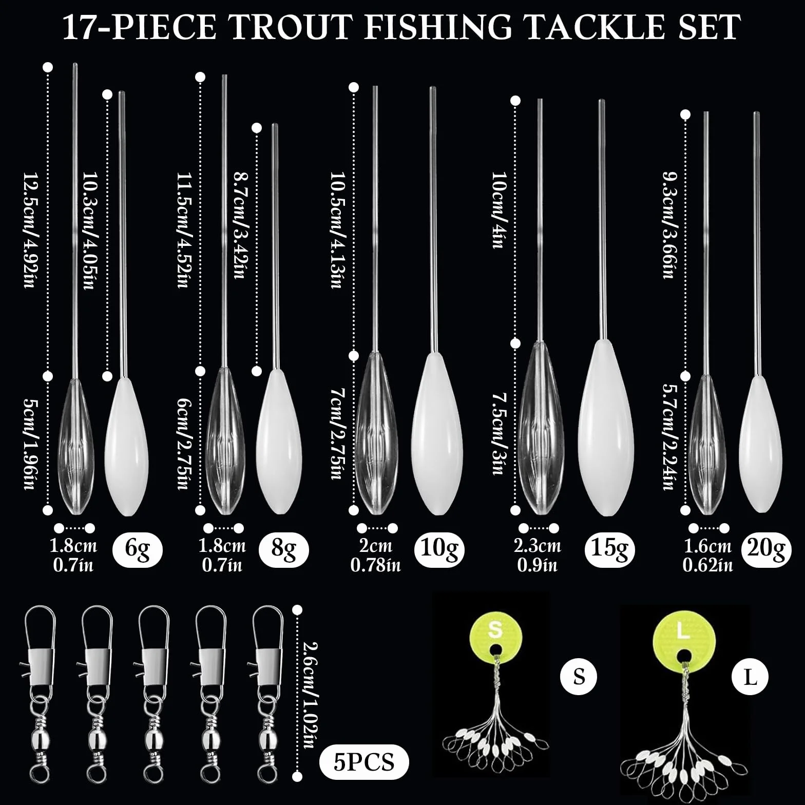 Sbirolino Set 25 Piezas Bobber de Fundición de Pesca con Triples Giratorios Float Stop