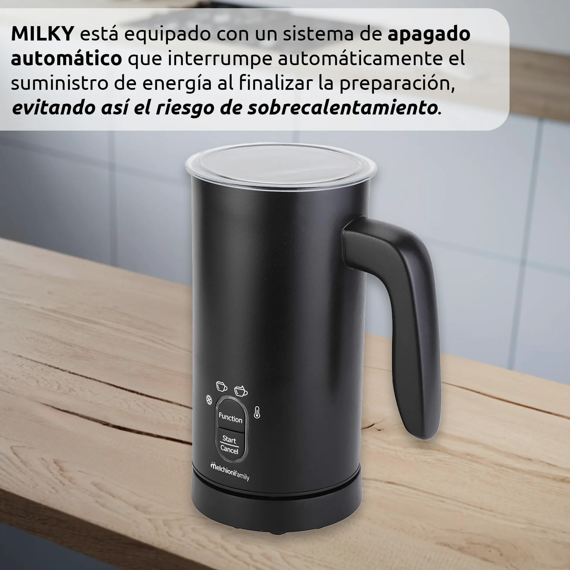 Melchioni Family Milky - Espumador de leche eléctrico, capacidad 300 ml, 4 en 1, apagado automático, espuma fría y caliente, chocolate caliente, capuchino como bar