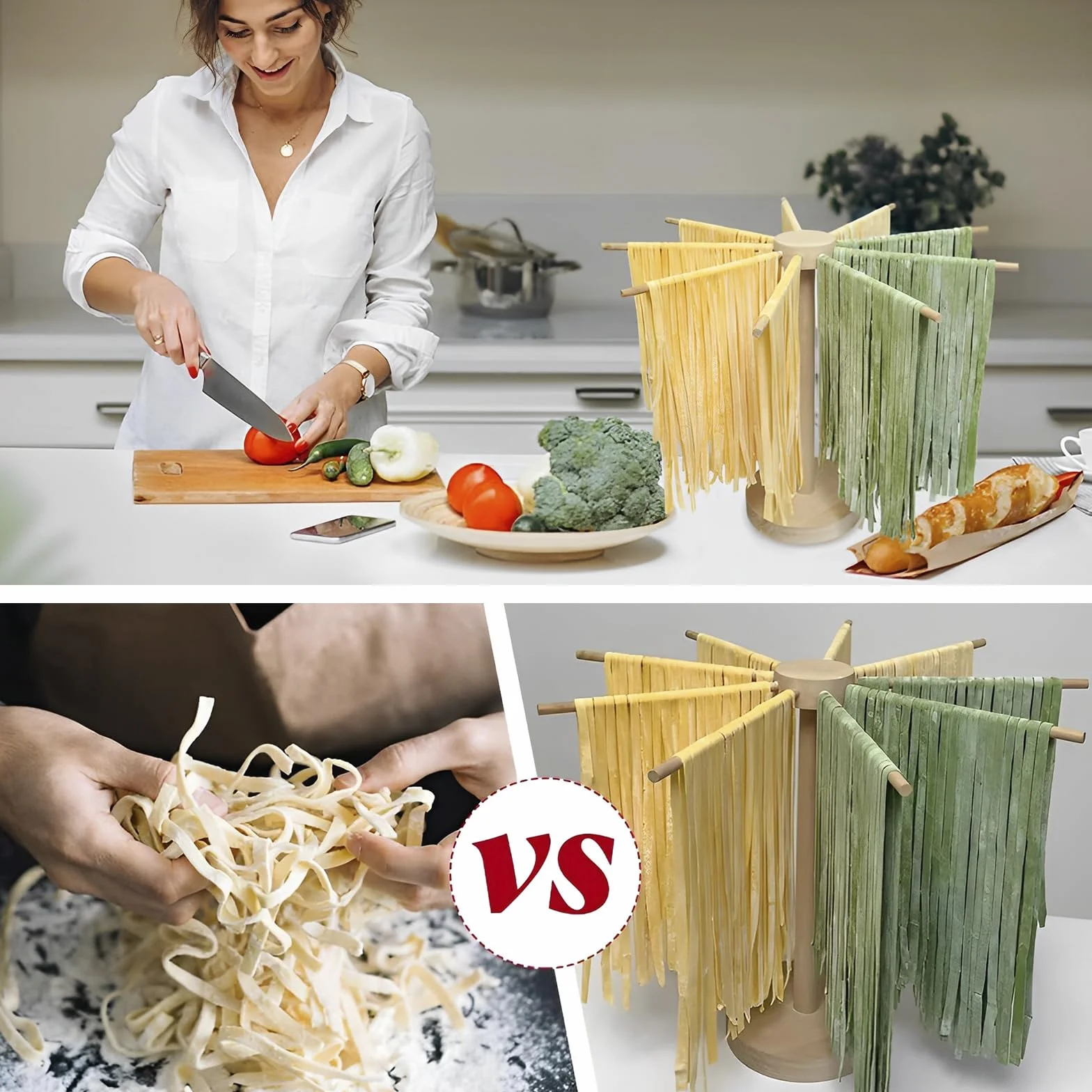 Secador de fideos, soporte para pasta con 9 asas de barra, soporte portátil para espaguetis para secar hasta 4,5 kg de pasta, reutilizable para pasta en casa