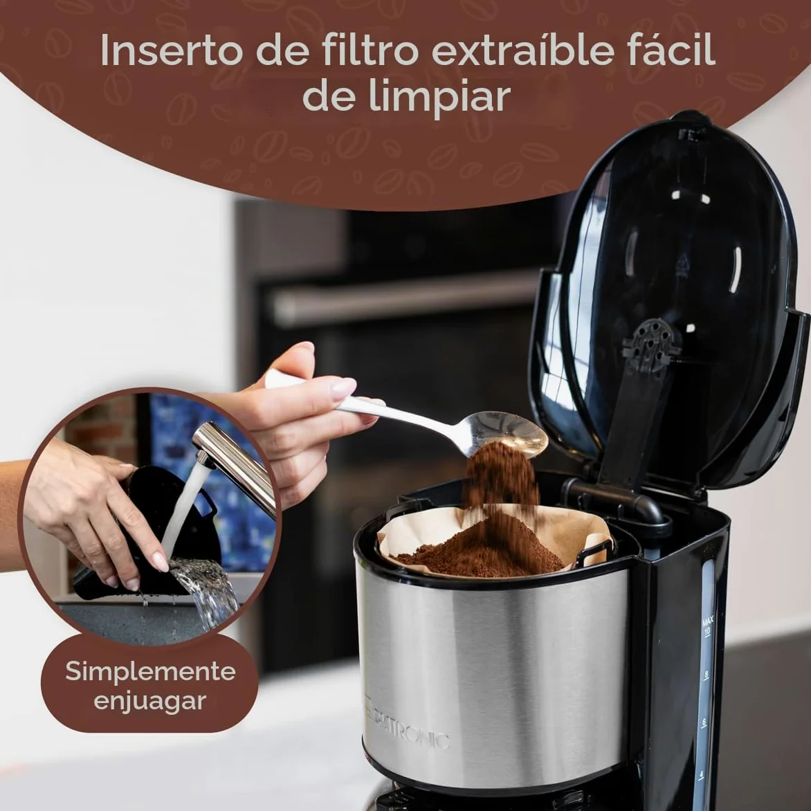 Clatronic, cafetera acero inoxidable, protección antigoteo, portafiltro, jarra termo 1,2L, KA3805, acero inoxidable/negro