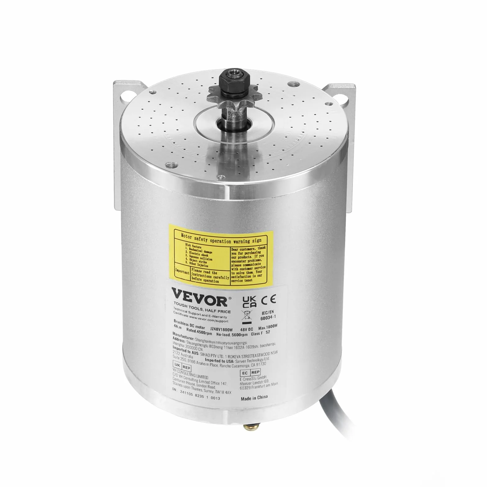 VEVOR Kit de Motor Eléctrico sin Escobillas de CC 1800 W 48 V 4500 RPM con Controlador de Velocidad