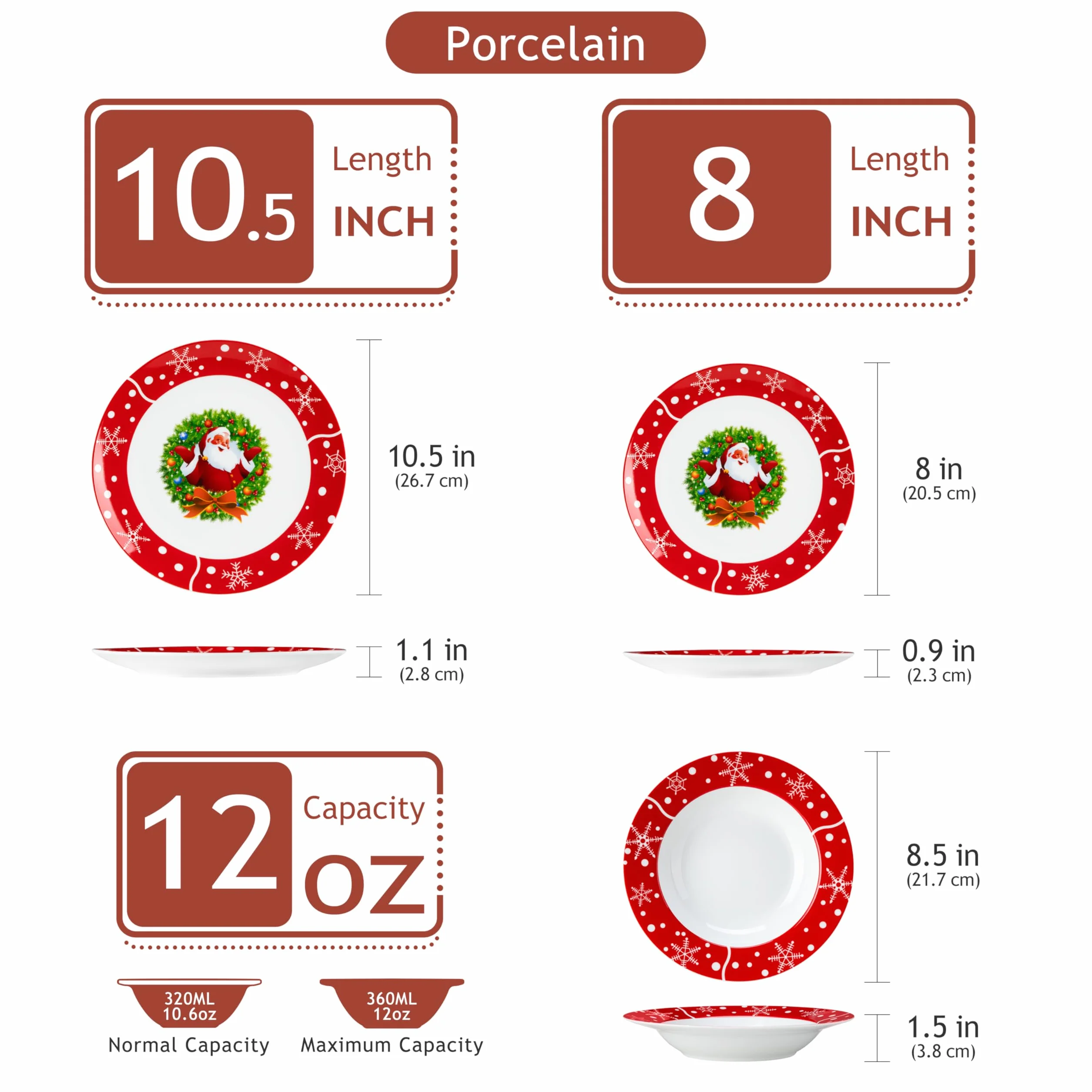 VEWEET, Vajilla de Navidad de 18 Piezas para 6 Personas en Porcelana, con Platos Llanos, de Postre y Hondos, Decoración Navideña Roja con Motivo de Papá Noel, Serie SANTACLAUS