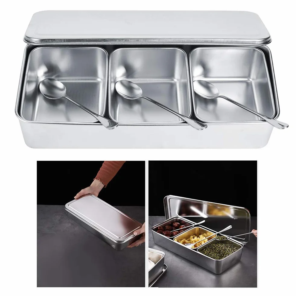 SIXRUN Caja de especias de acero inoxidable, juego de vidrio, tapa de cuchara, 3 rejillas para el hogar, contenedor de especias, cocina, restaurante