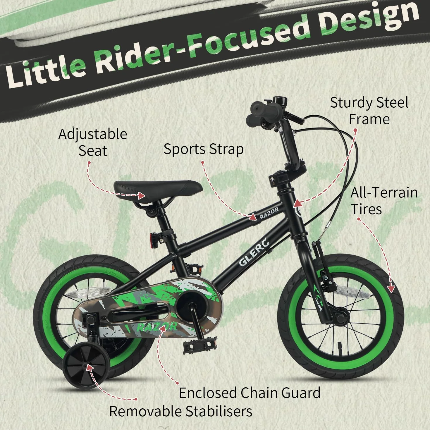 Bicicleta Infantil Glerc Razor 12 14 16 Pulgadas BMX con Ruedines