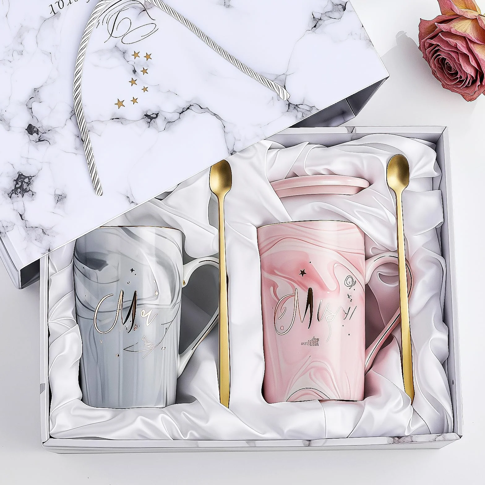 2Pcs Sr. y La Sra. Tazas De Regalo,Mr y Mrs Set de Tazas de Café,400ml Taza de Cerámica con Patrón de Mármol,con Tapa y Cuchara,Caja de Regalo,para Aniversario de Boda,Parejas Casadas