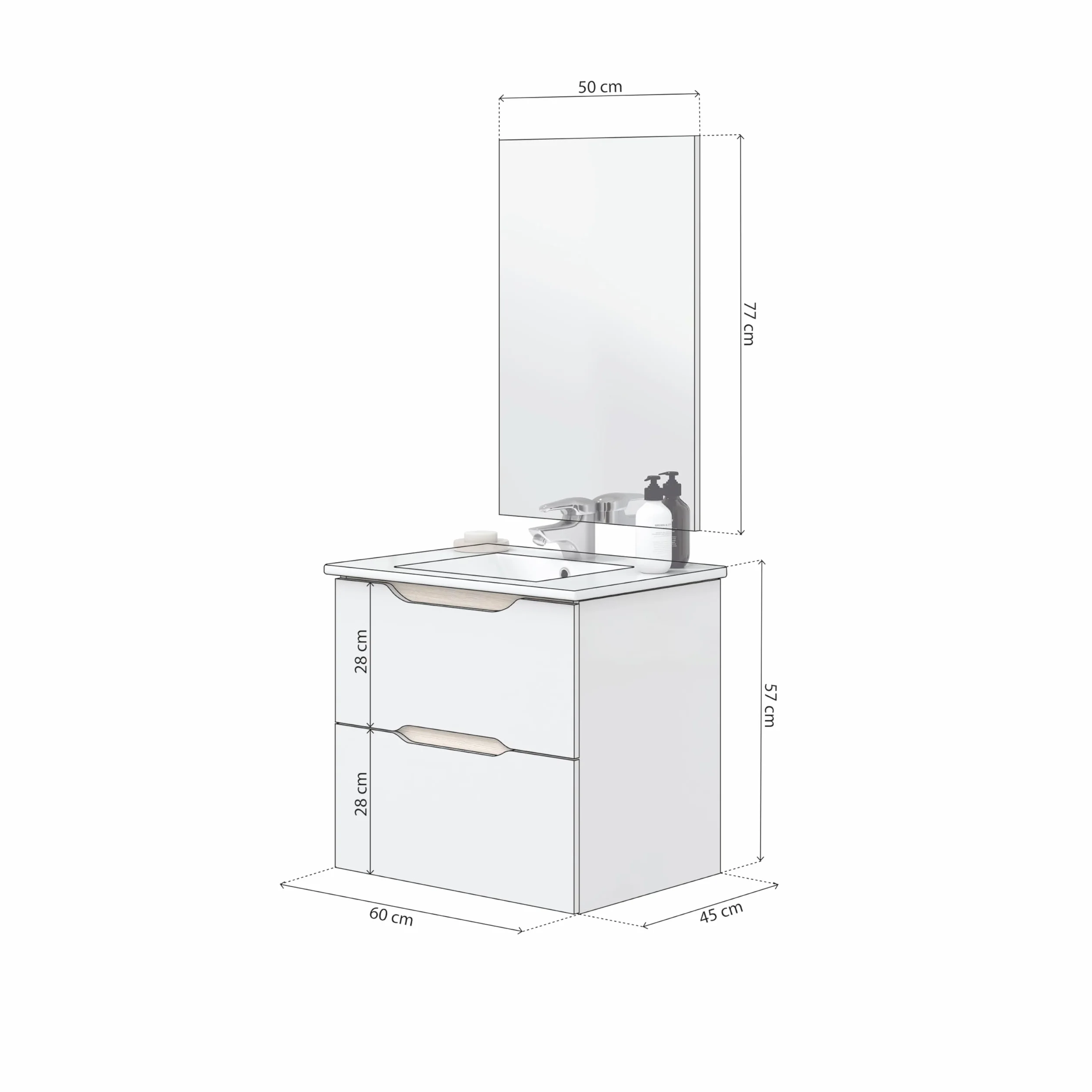duehome | Mueble de Baño Suspendido con 2 Cajones y Espejo, Modulo Colgante, Modelo Nexa, Acabado en Blanco Brillo y Roble, Medidas: 60 cm (Ancho) x 57 cm (Alto) x 45 cm (Fondo)