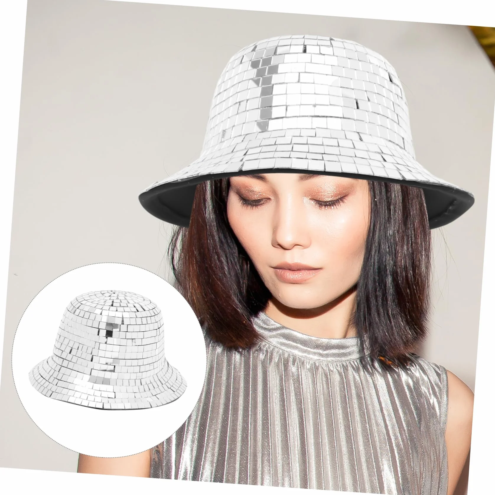 LABRIMP Sombrero de Espejo Disco para Mujer y Hombre Estilo Pescador Lentejuelas Plata, Cómodo y Chic para Decoración Verano en Fiestas y Eventos