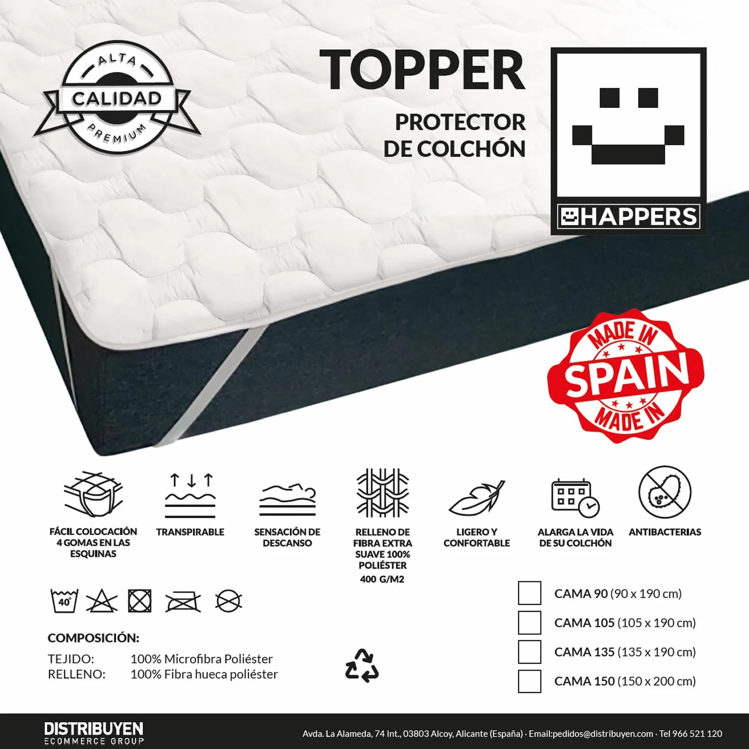 HAPPERS Topper Fibra Hipoalergénica Blanco con Tacto Pluma 105x190x2 cm