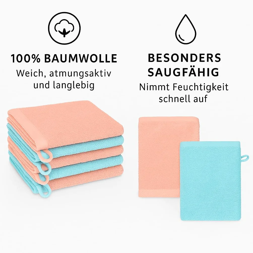 Betz Paquete de 10 Piezas de Manoplas de baño Palermo 100% algodón Juego de Guantes para lavarse tamaño 16x21 cm de Color Turquesa y Albaricoque