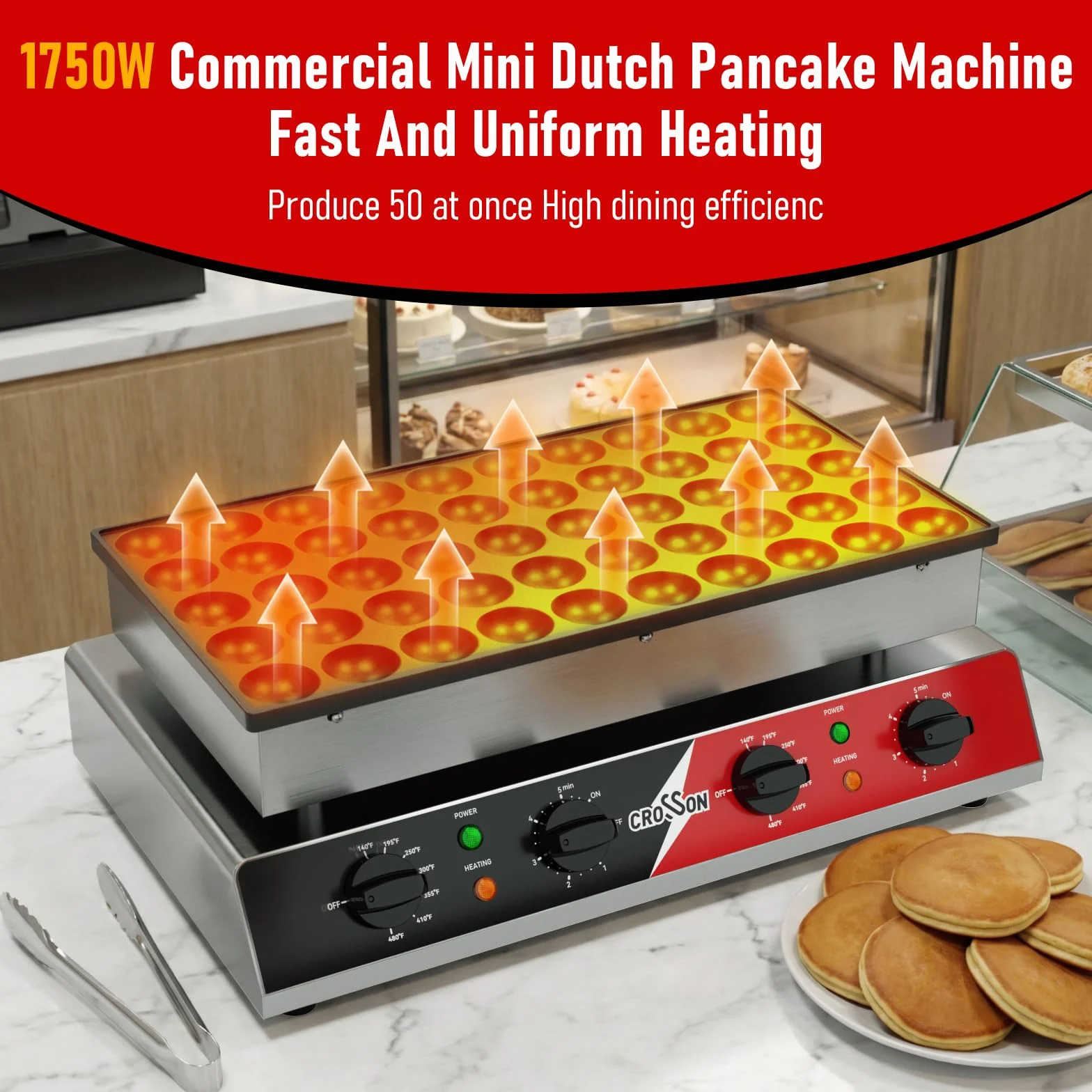 CROSSON Maquina para 50 Mini Pancakes 43 mm Diámetro,Mini Máquina para Hacer Panqueques Holandesa con Revestimiento Antiadherente,Temporizador y Temperatura para Tortitas,Dorayaki y Poffertjes