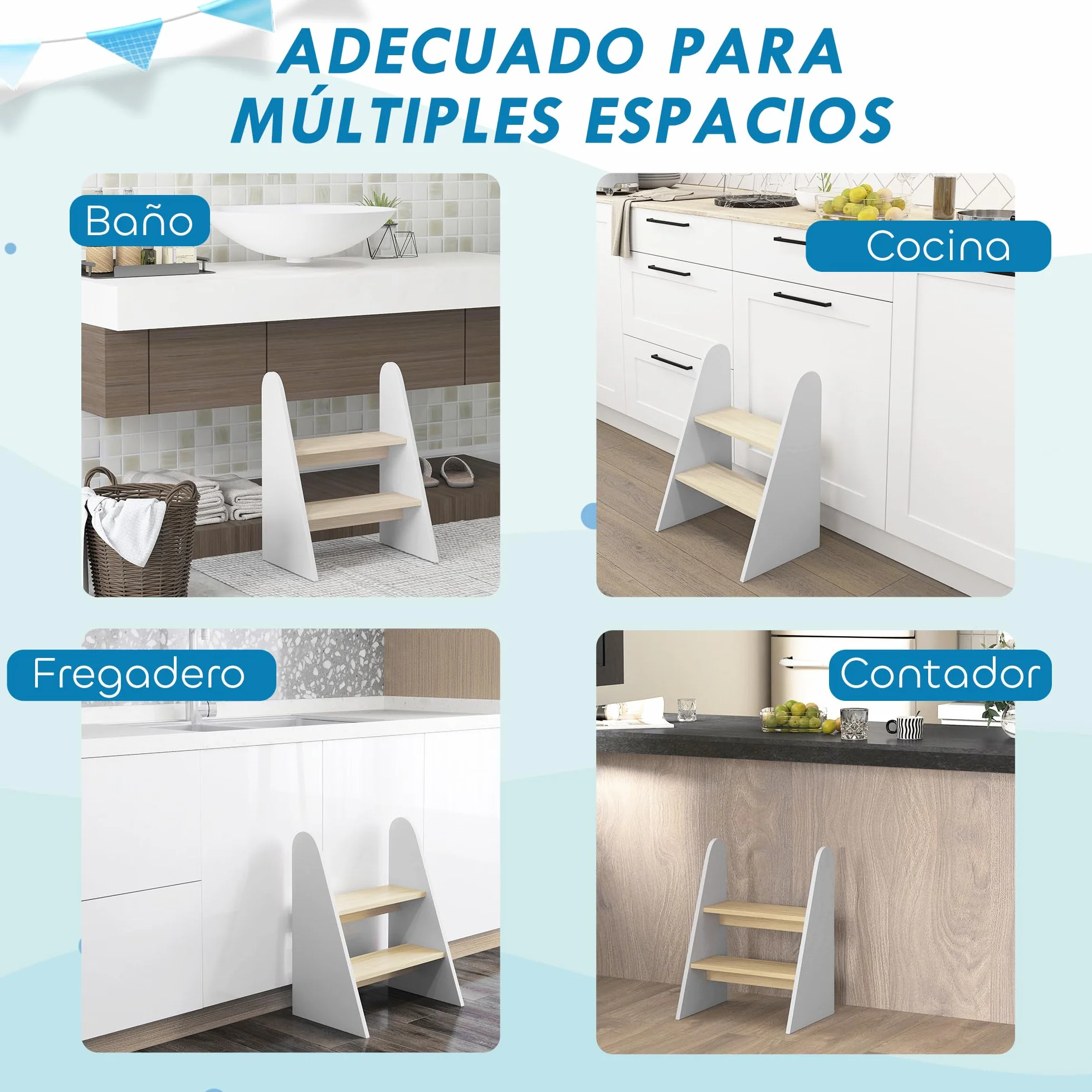 AIYAPLAY Taburete Torre de Aprendizaje 2 Peldaños para Niños +3 Años Blanco