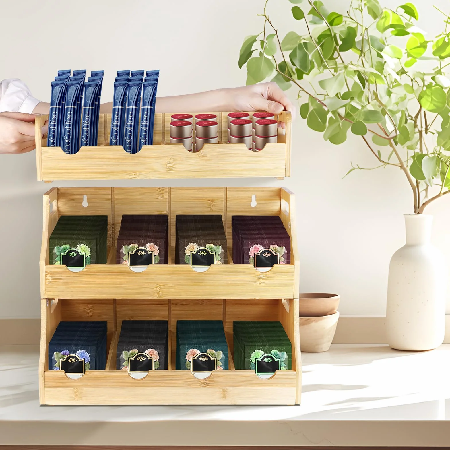 Organizador de Bolsas de Té De Vertical de Bambú, Apilable de 3 Niveles Caja Infusiones, para Colgar En La Pared Caja Te De con 12 Compartimentos Extraíbles para Bolsas De Té Café Azúcar