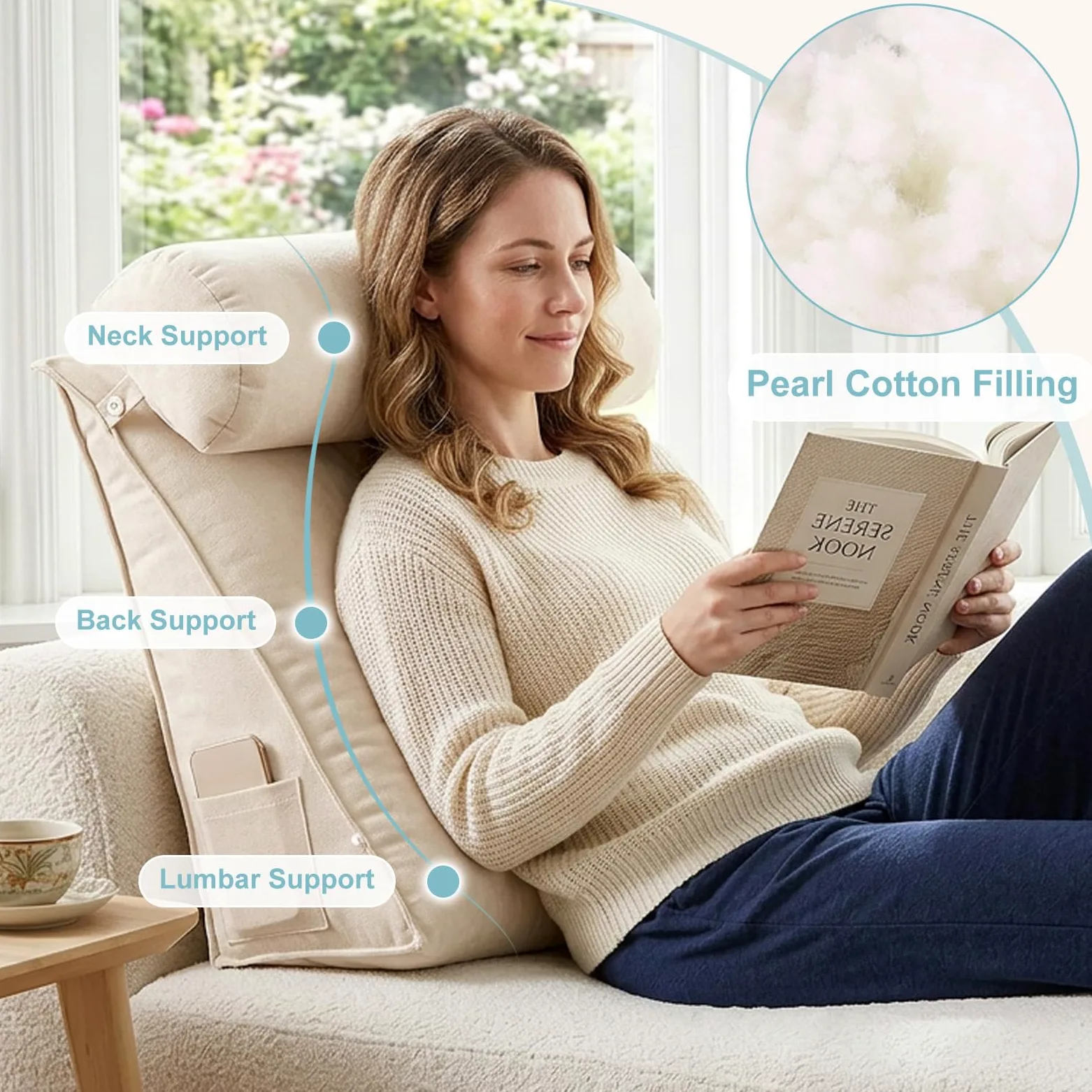 Cojín De Lectura para Cama Y Sofá, Respaldo para Cama Ergonómico En Cuña con Rodillo Regulable Y Bolsillos, Almohada De Soporte Lumbar para Leer Y Ver La TV,Smoke Gray,60X50X20CM