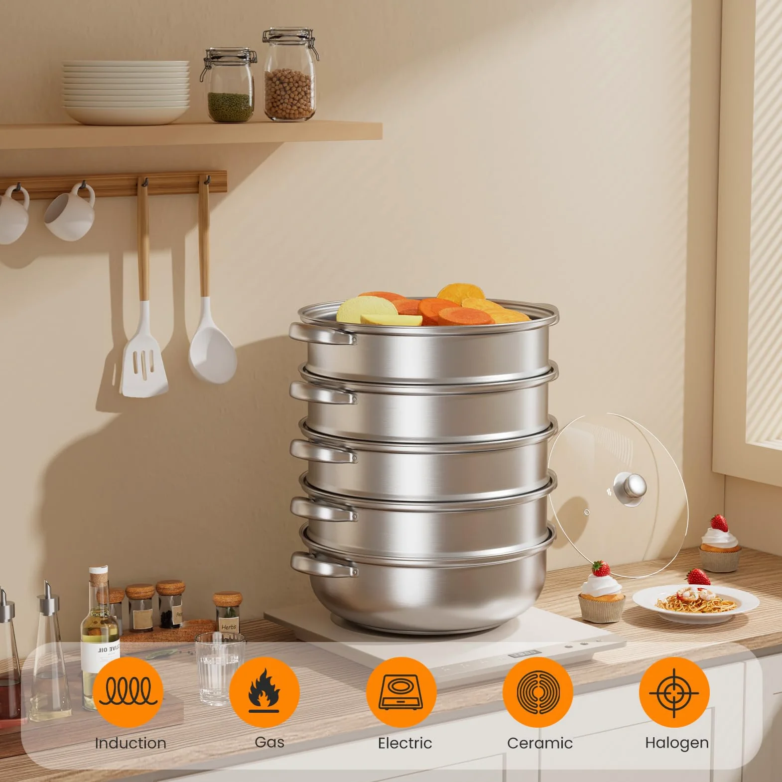 Vaporera para cocinar al vapor, de acero inoxidable de 28 cm, con bandeja de vapor, 3/4/5 niveles con tapa para cocinar verduras, mariscos, sopas, guisos y pasta (cuatro)