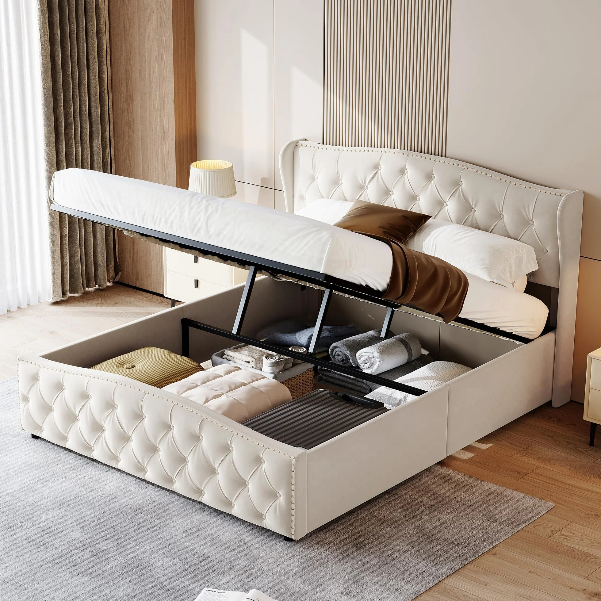 Cama Acolchada de 160 × 200, Cama Doble, Acolchado con Almacenamiento de Cama con somier de tablón, Marco de Cama con Almacenamiento de Maletero (Blanco Roto, Velours-3, 160 × 200