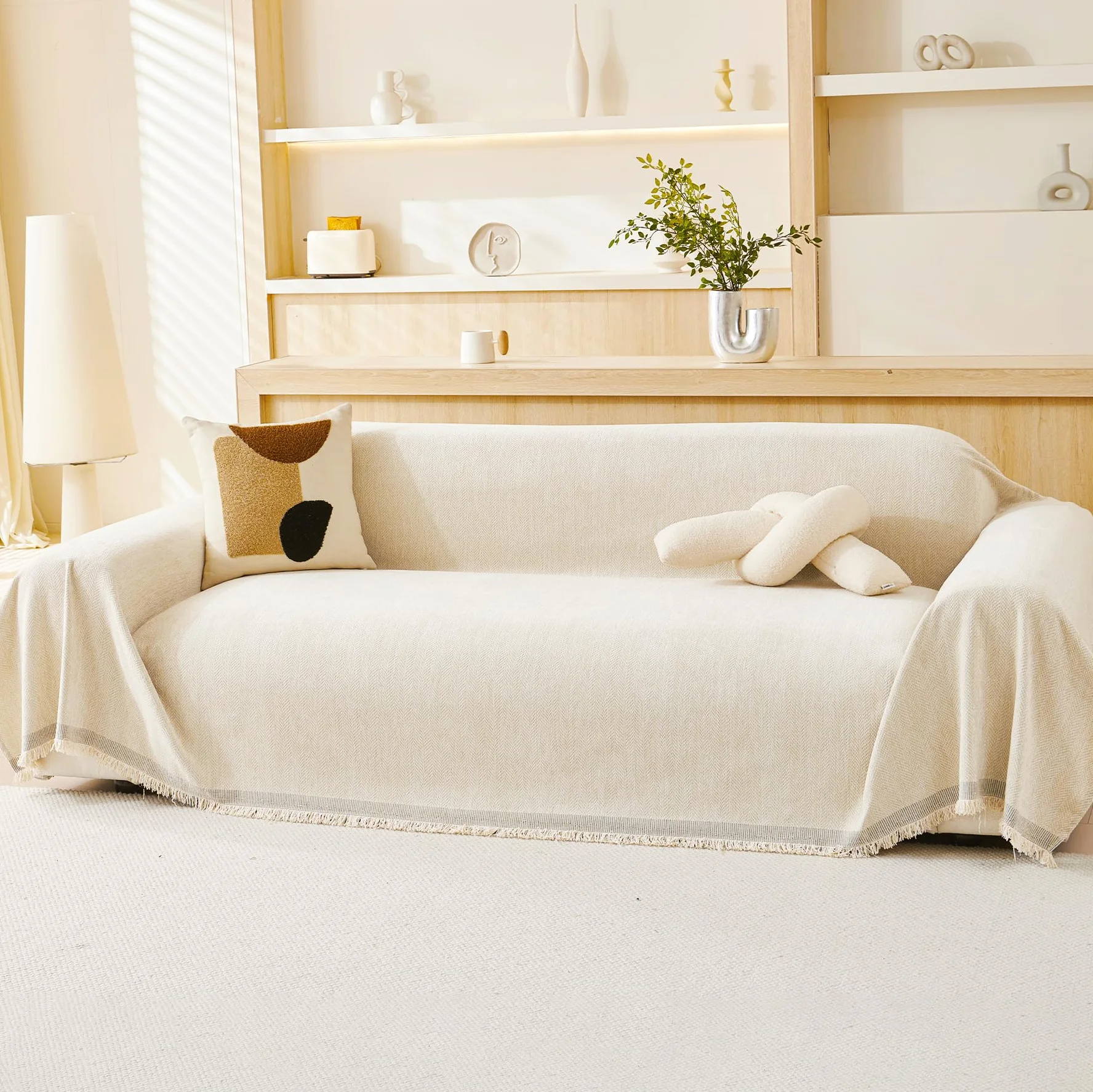 VANJOROY Manta grande 100 % chenilla natural para sofá de 2 y 3 plazas, manta extragrande para sofás, funda suave de lujo natural para silla, sofá y cama, beige crema, 180 x 300 cm