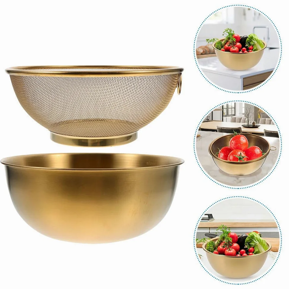 Cabilock Colador de acero inoxidable dorado de 24 cm con malla fina, cesta escurridora redonda para lavar y escurrir arroz, frutas, verduras y pastas, tamiz de cocina para fregadero y preparación