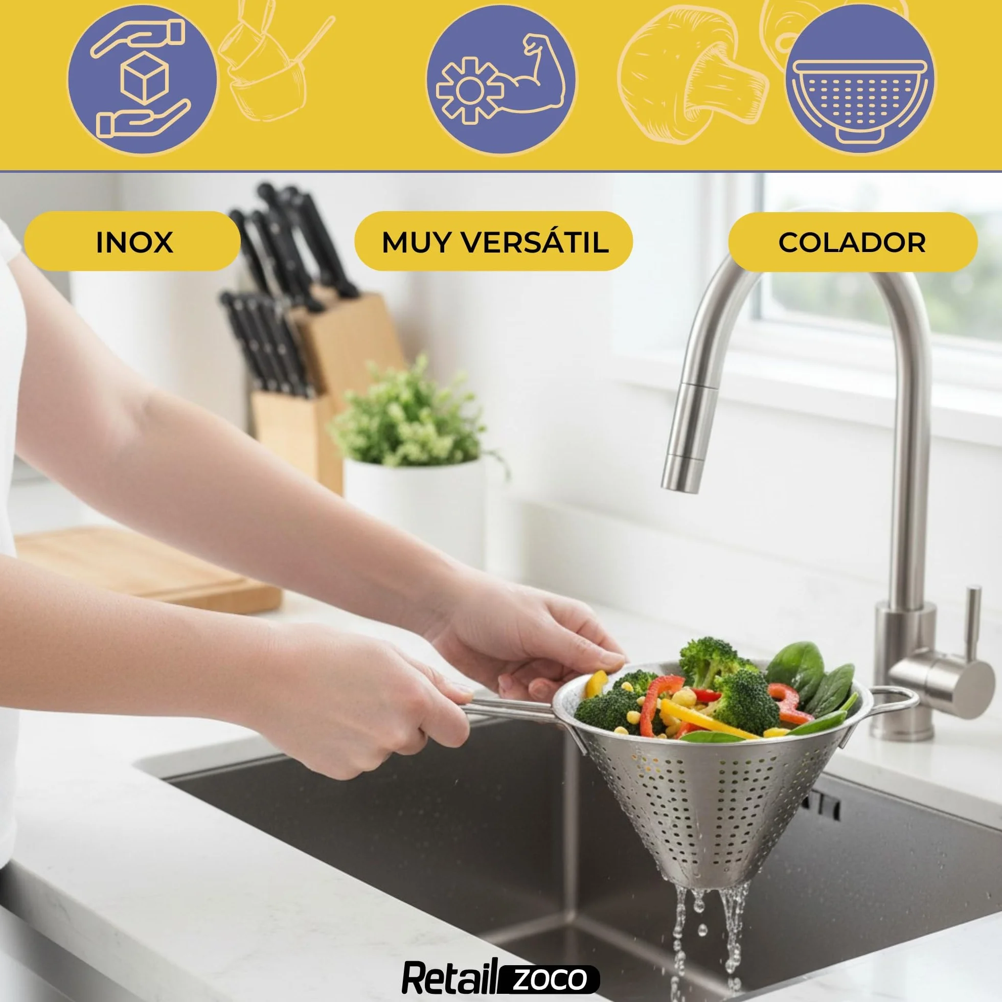 Colador Chino de Cocina, Colador forma cónica, colador Chino, Escurridor de Acero, Apto para para Pasta, Verduras, Frutas y Arroz, Acero inoxidable, Incluye 1 gancho de sujección, Diámetro 20 cm