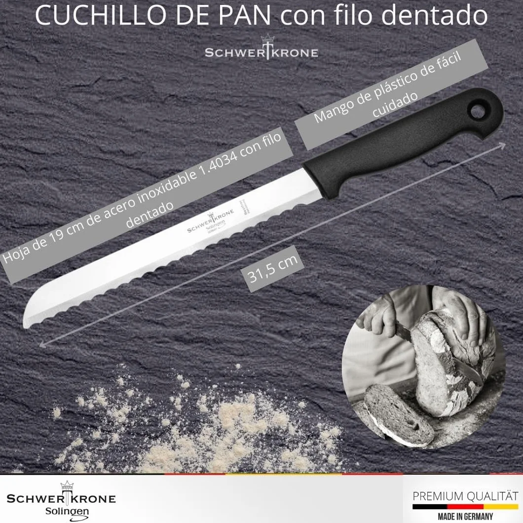 Schwertkrone Solingen - Cuchillo de pan con filo ondulado (acero inoxidable, hoja de 19 cm, apto para lavavajillas, fabricado en Alemania)