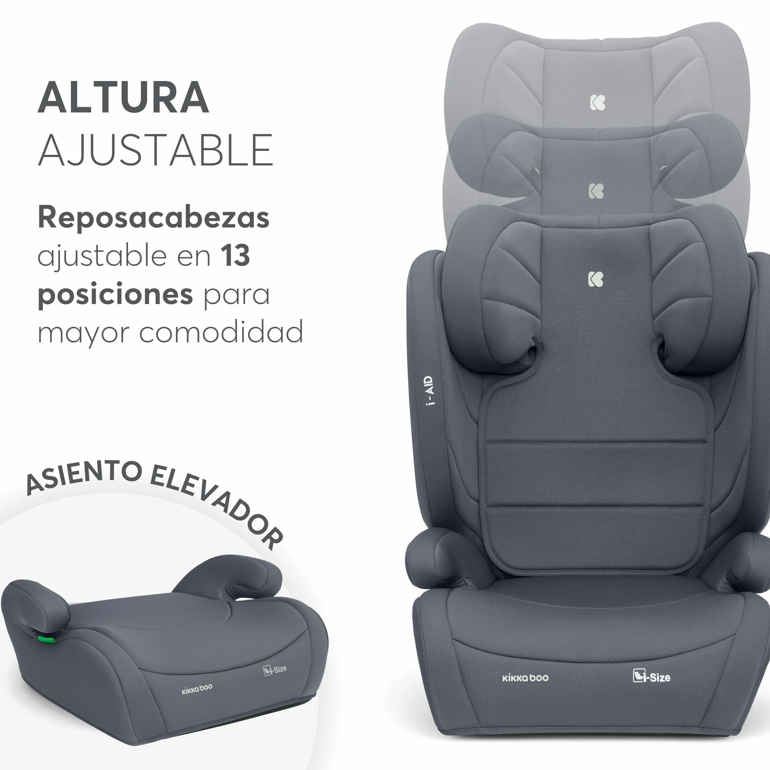 KikkaBoo Silla Coche Grupo 3 (15-36 kg, 100-150 cm) i-AID, Silla Para Niño sin ISOFIX, i-Size, De 3,5 a 12 Años, 13 Posiciones Reposacabezas, Gris