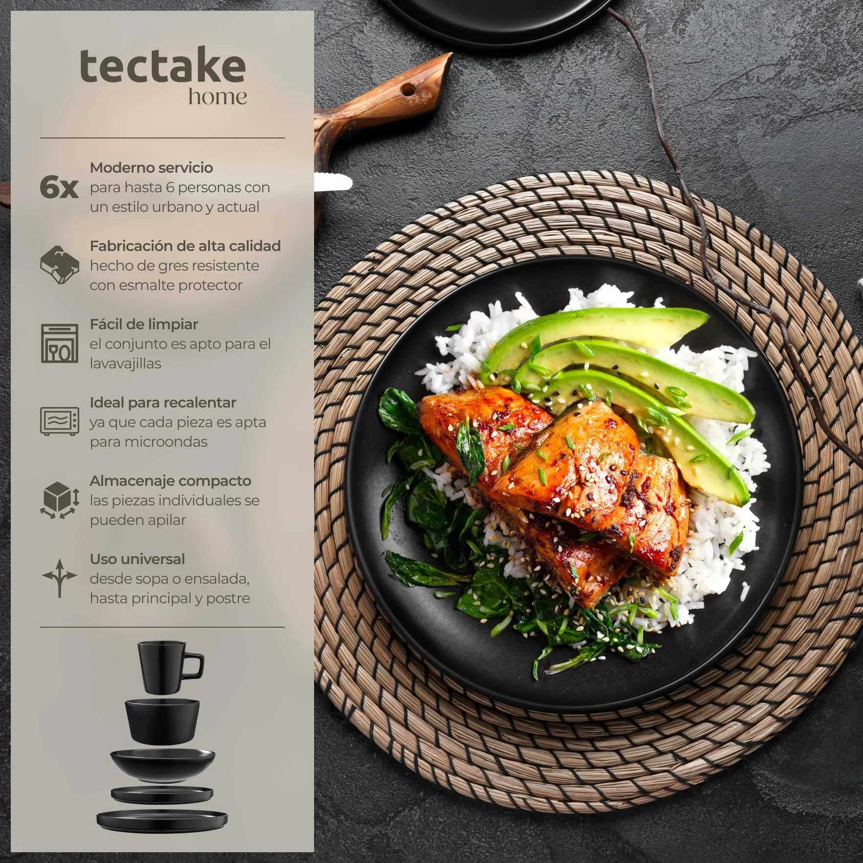 tectake® Servicio Combinado para 6 Personas, Juego Vajilla Estilo Urbano, Gres Esmalte, Lavavajillas y Microondas, Vajillas Completas Modernas, Cuencos Ceramica y Tazas - 30 Piezas Negro