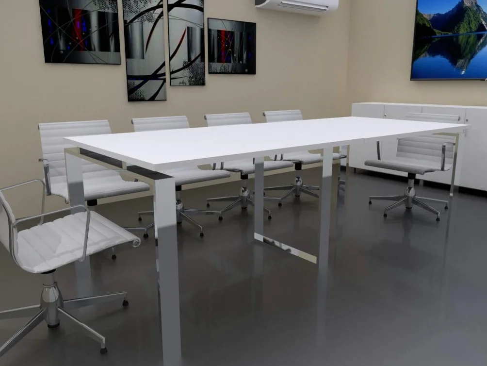 Mesa de Reuniones con Estructura Abierta, Pata Retranqueada, de 240x100cm. FABRICACIÓN Nacional. Entrega de 3 a 7 dias. (Tablero Blanco, Estructura Efecto Cromo)