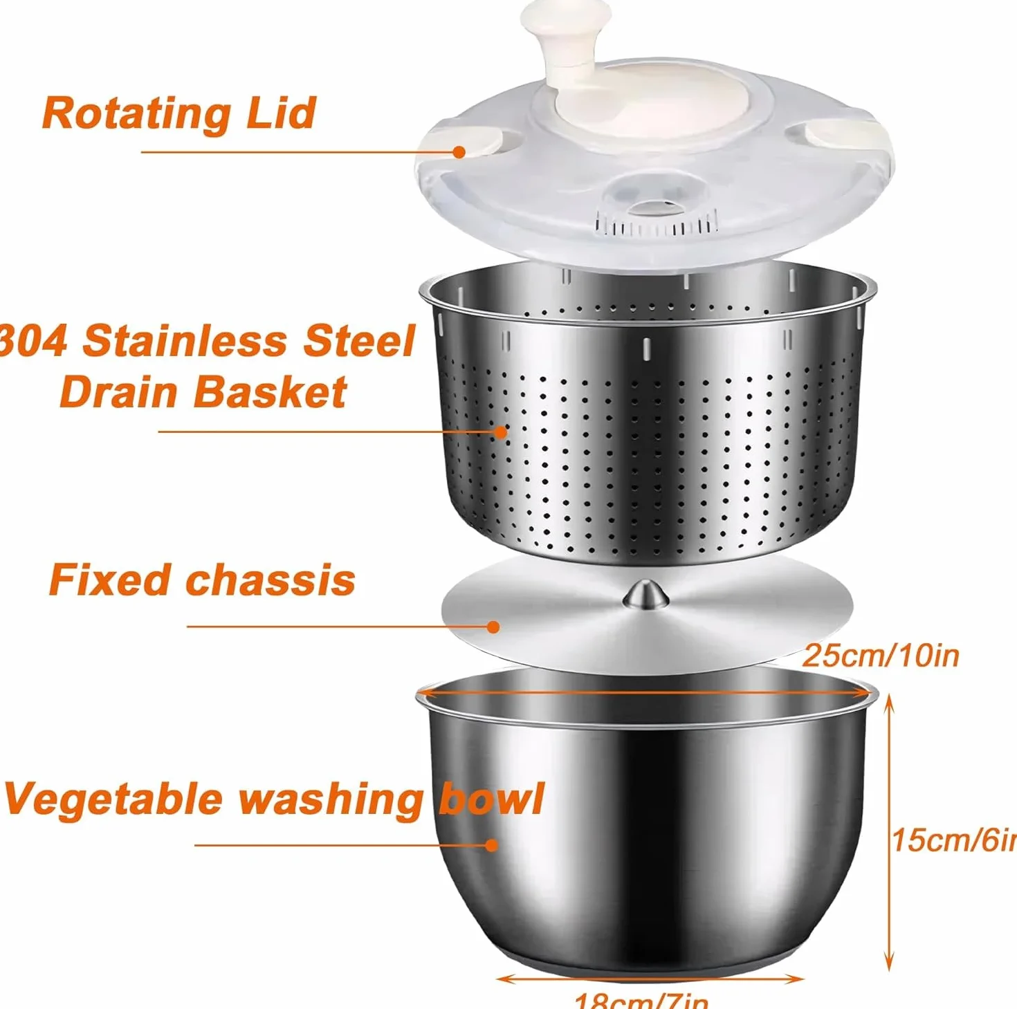 Centrifugador de ensalada de acero inoxidable de 6 L, secador de verduras y lavadora de bayas de grado comercial, diseño de doble capa a prueba de óxido con boquilla de drenaje rápido