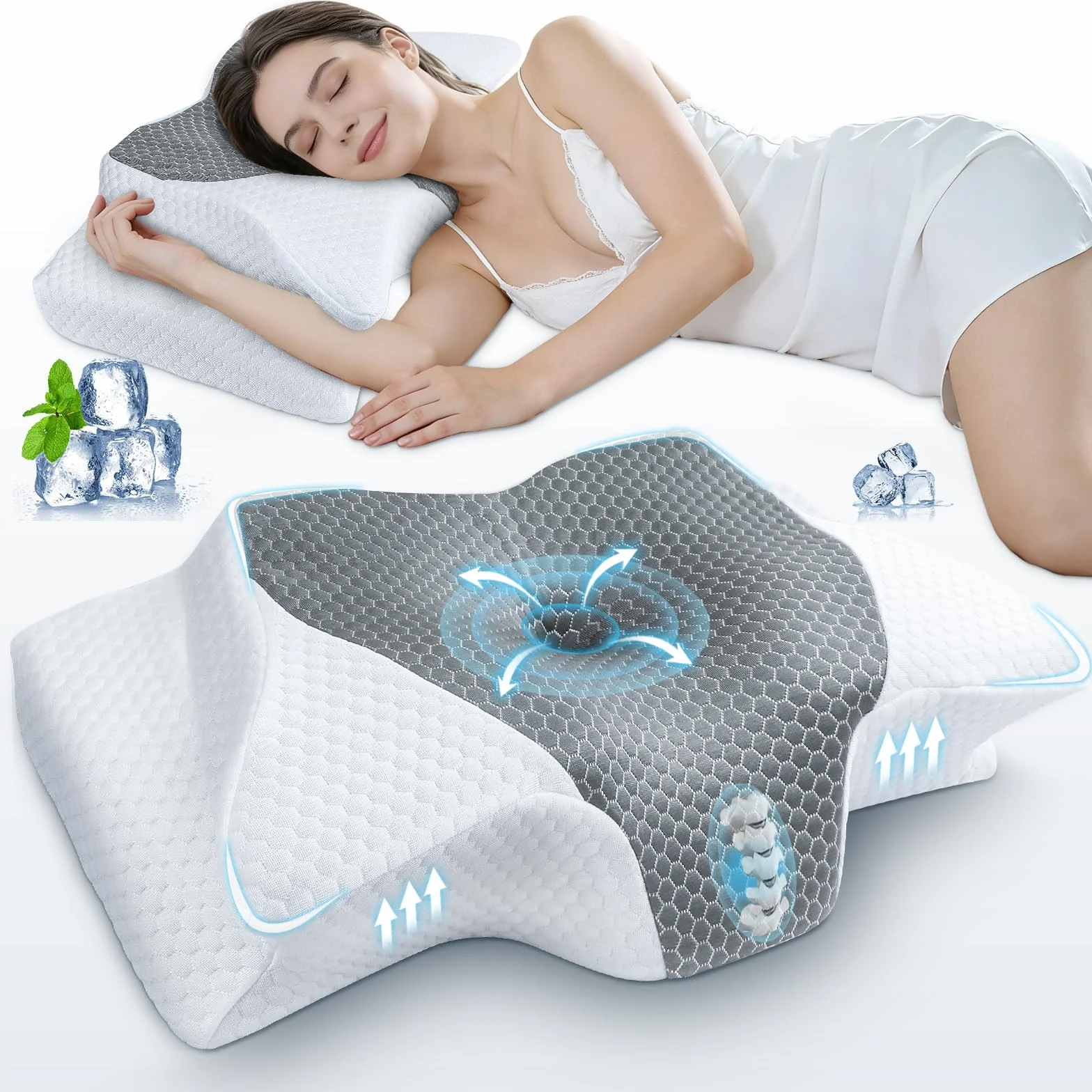 SAHEYER Almohada Cervical 2en1 Espuma Viscoelástica, Gris, 60x35,5x13/11cm | Almohada Ergonómica Mariposa para Dormir de Lado, Boca Arriba y Boca Abajo, Soporte de Cabeza/Cuello/Hombro