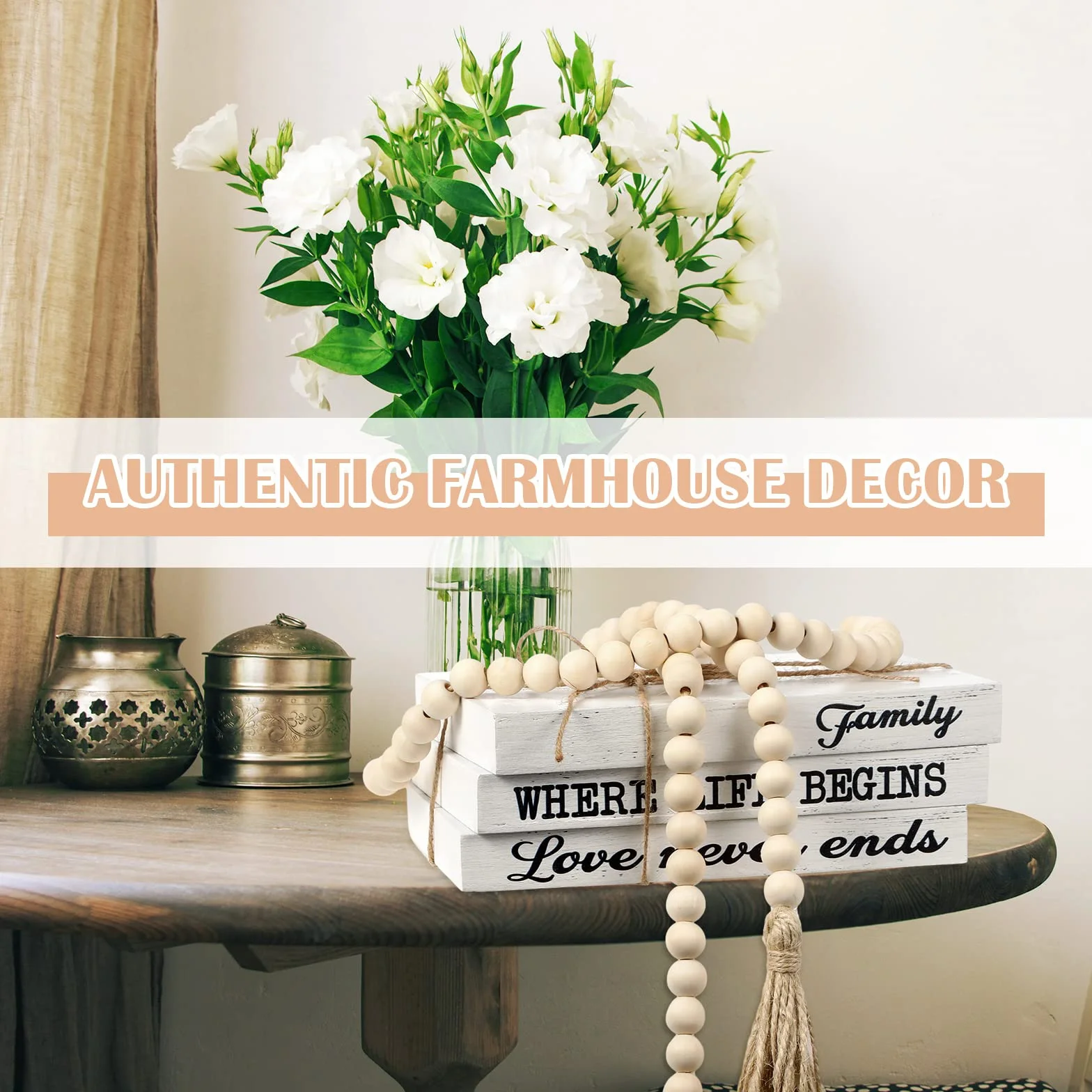 3 Libros Decorativos para decoración del hogar, Libros de imitación Blancos, Libros de exhibición Apilados con borlas de Cuentas de Madera para mesas de café, 58 Pulgadas (Familia Donde Comienza la